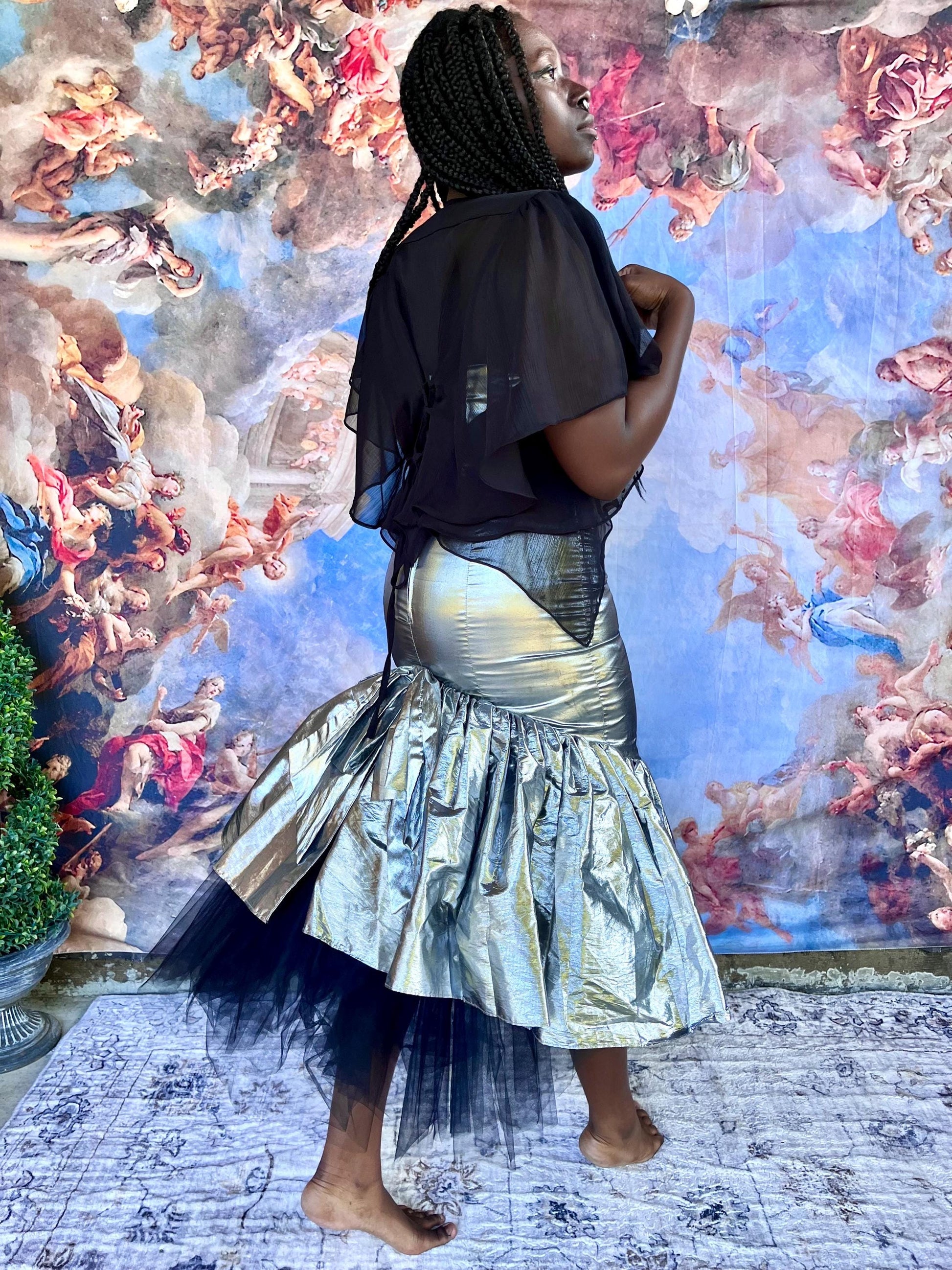 Lunar Siren Metallic Strapless Dress with Black Tulle Back Detail
