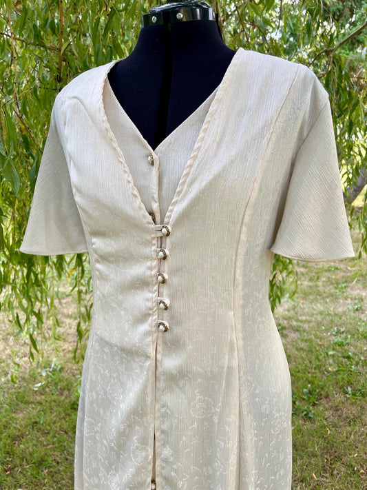 Vintage Cream Button-Down Midi Dress with Tie Back