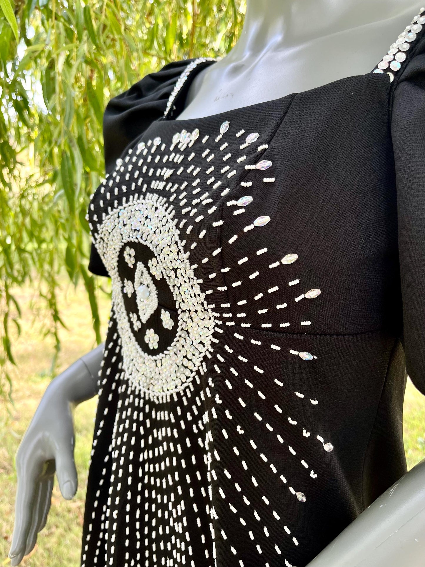 Vintage 1980s Black Puff Sleeve Gown with Beaded Sunburst