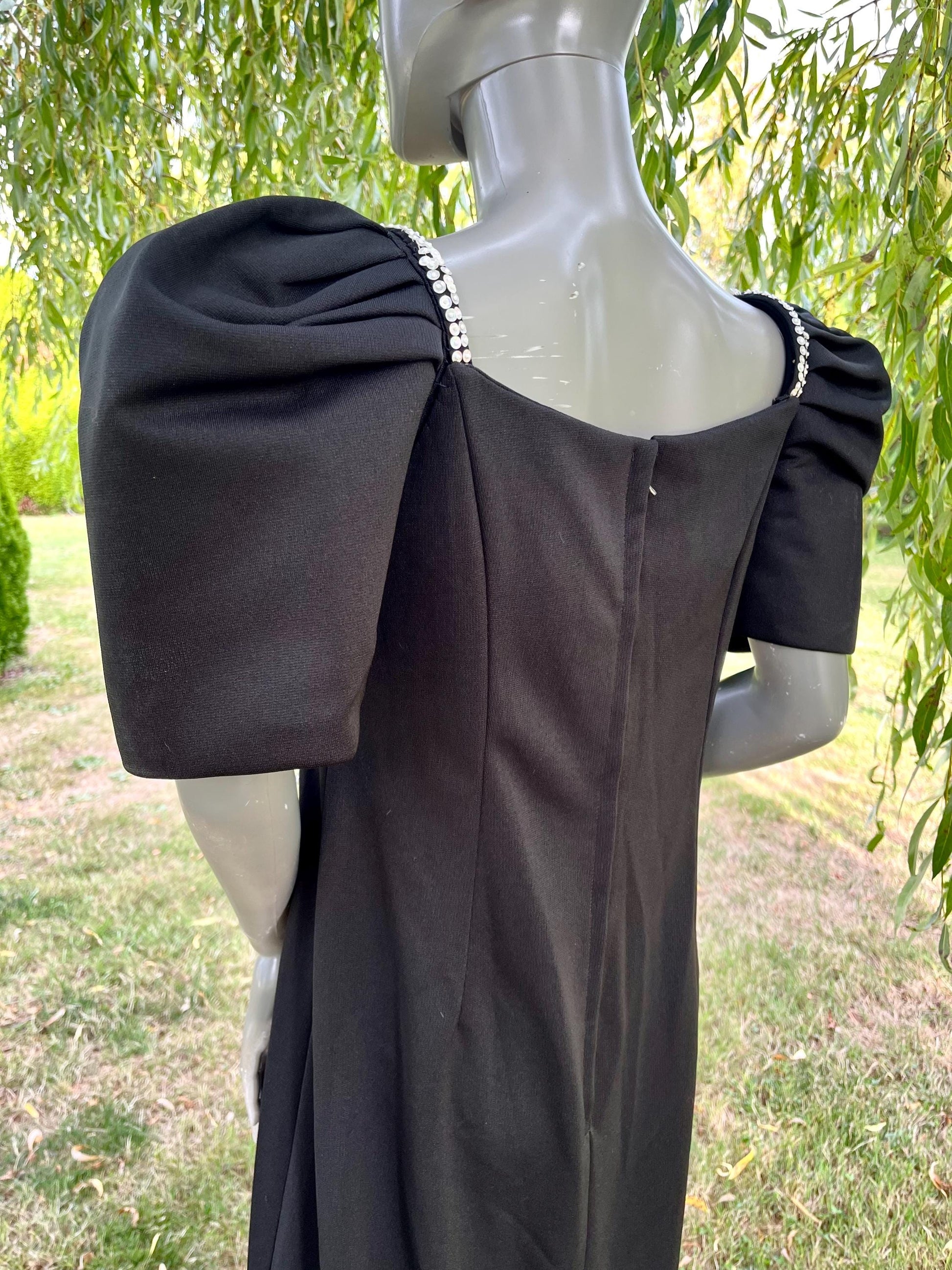 Vintage 1980s Black Puff Sleeve Gown with Beaded Sunburst
