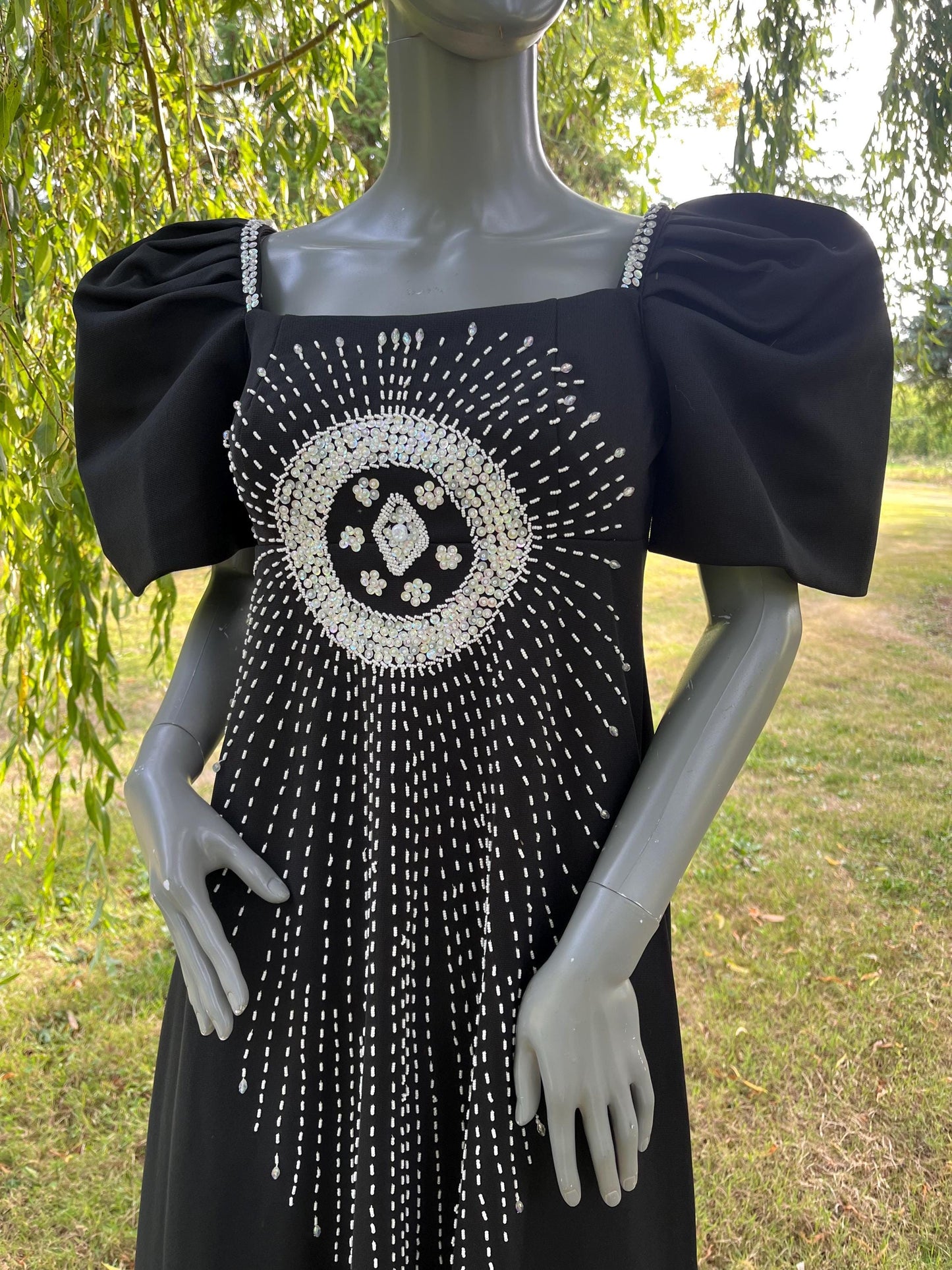 Vintage 1980s Black Puff Sleeve Gown with Beaded Sunburst