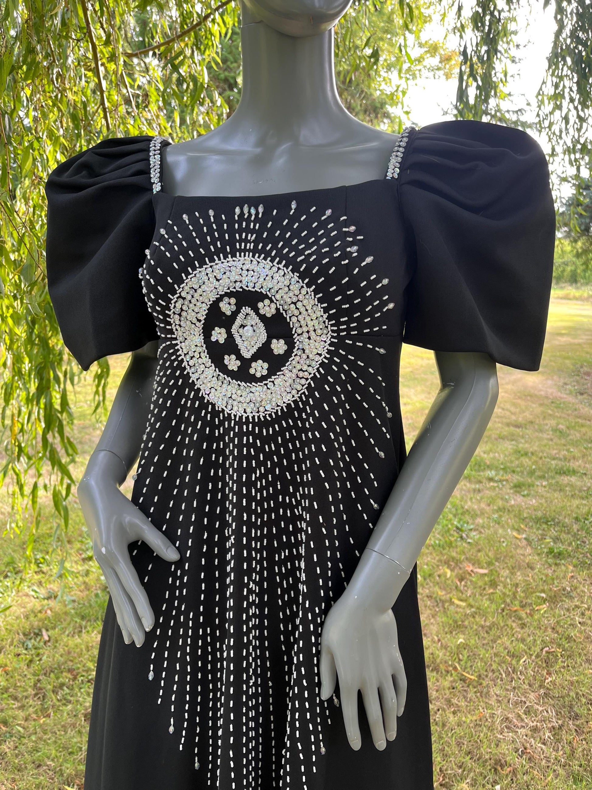 Vintage 1980s Black Puff Sleeve Gown with Beaded Sunburst