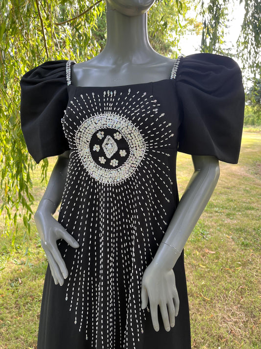 Vintage 1980s Black Puff Sleeve Gown with Beaded Sunburst