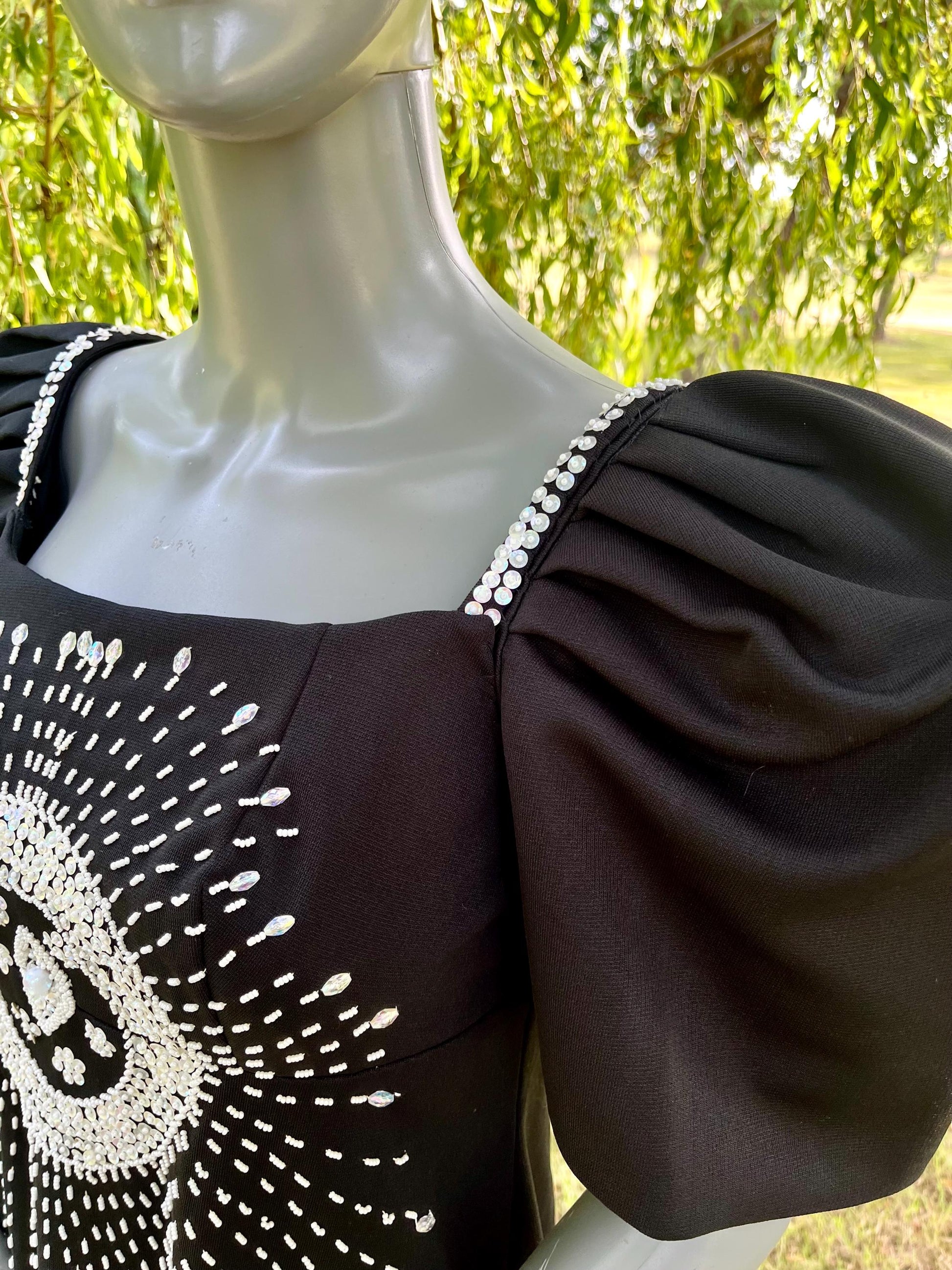 Vintage 1980s Black Puff Sleeve Gown with Beaded Sunburst