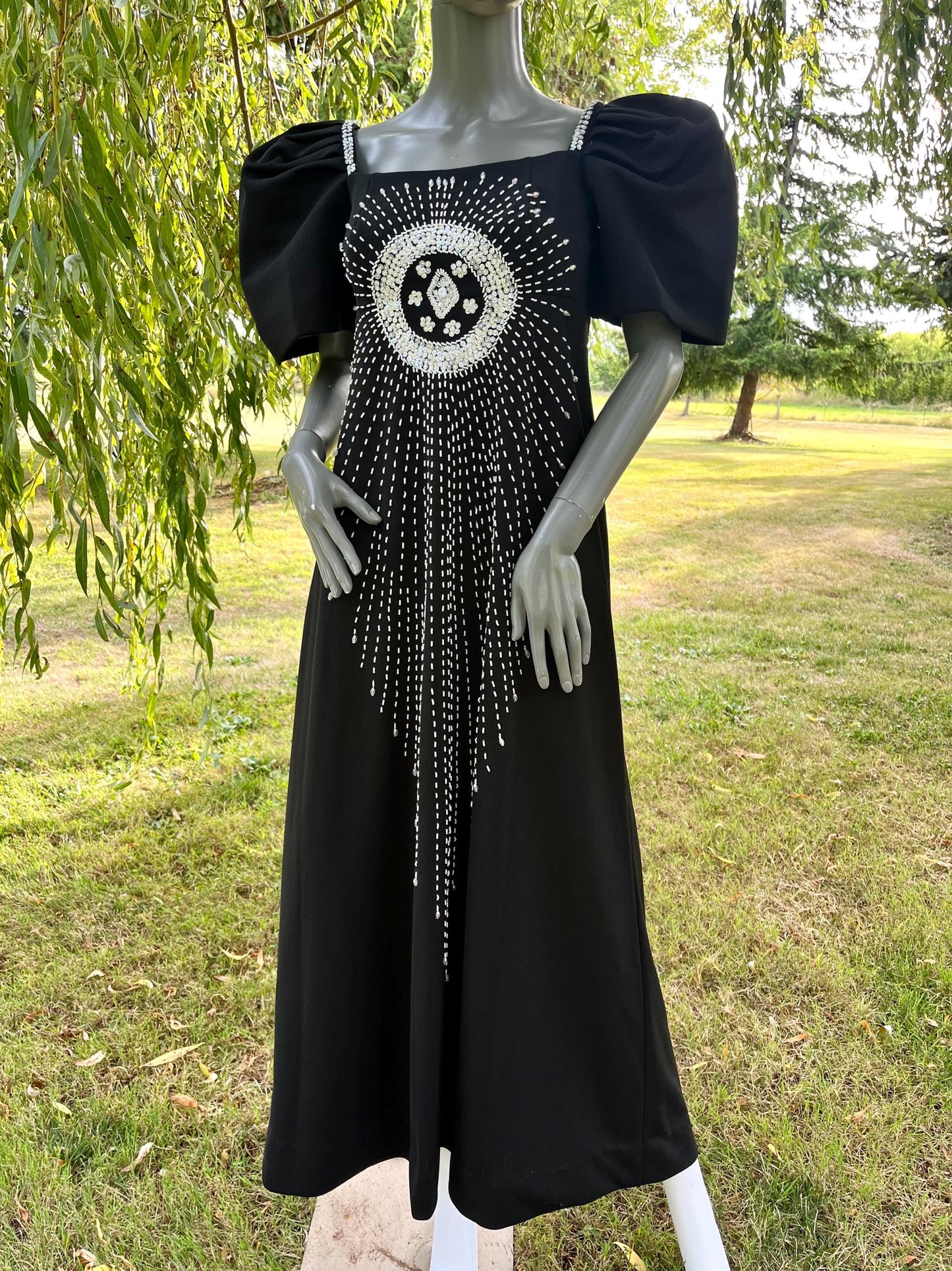 Vintage 1980s Black Puff Sleeve Gown with Beaded Sunburst