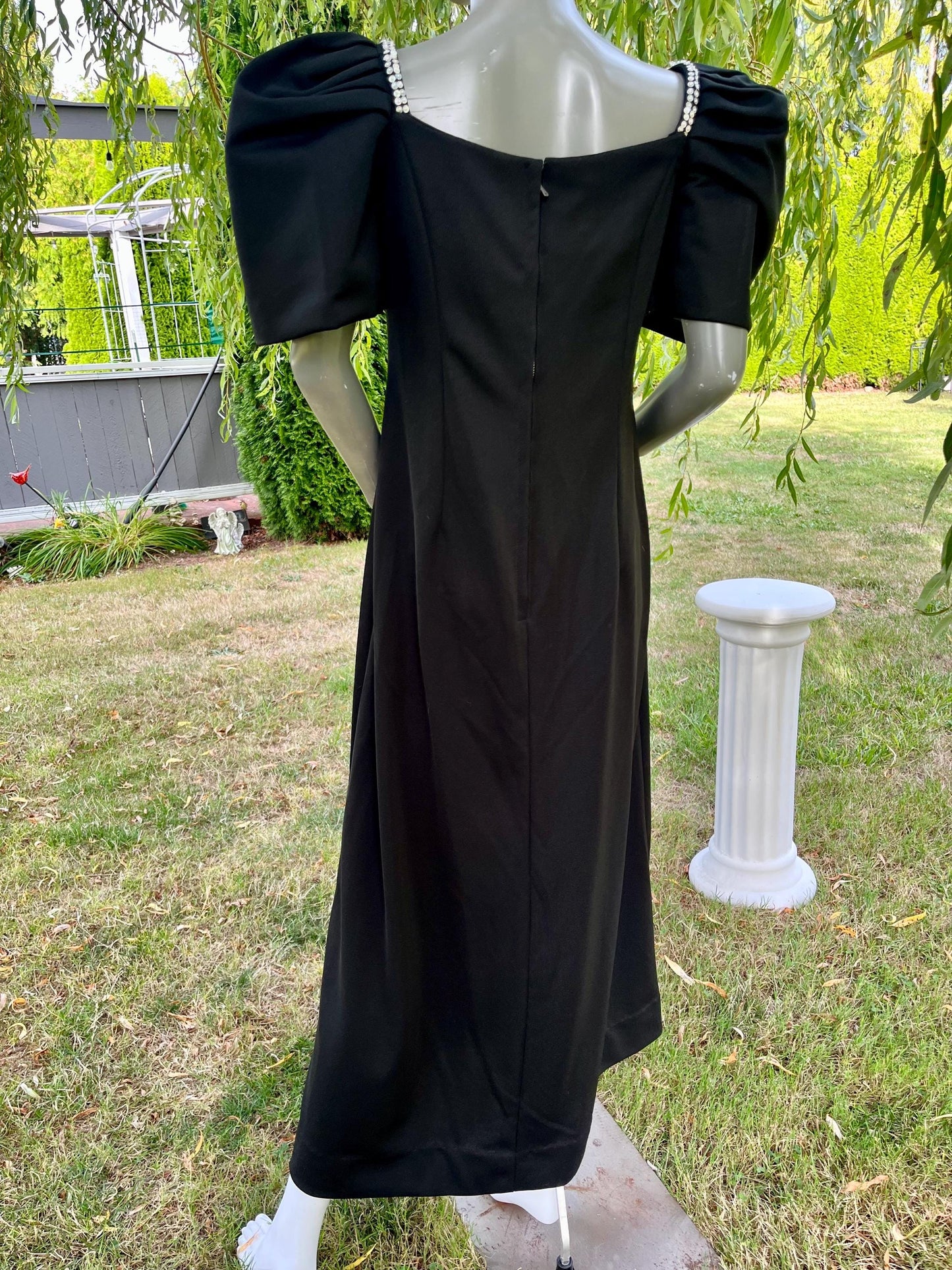 Vintage 1980s Black Puff Sleeve Gown with Beaded Sunburst