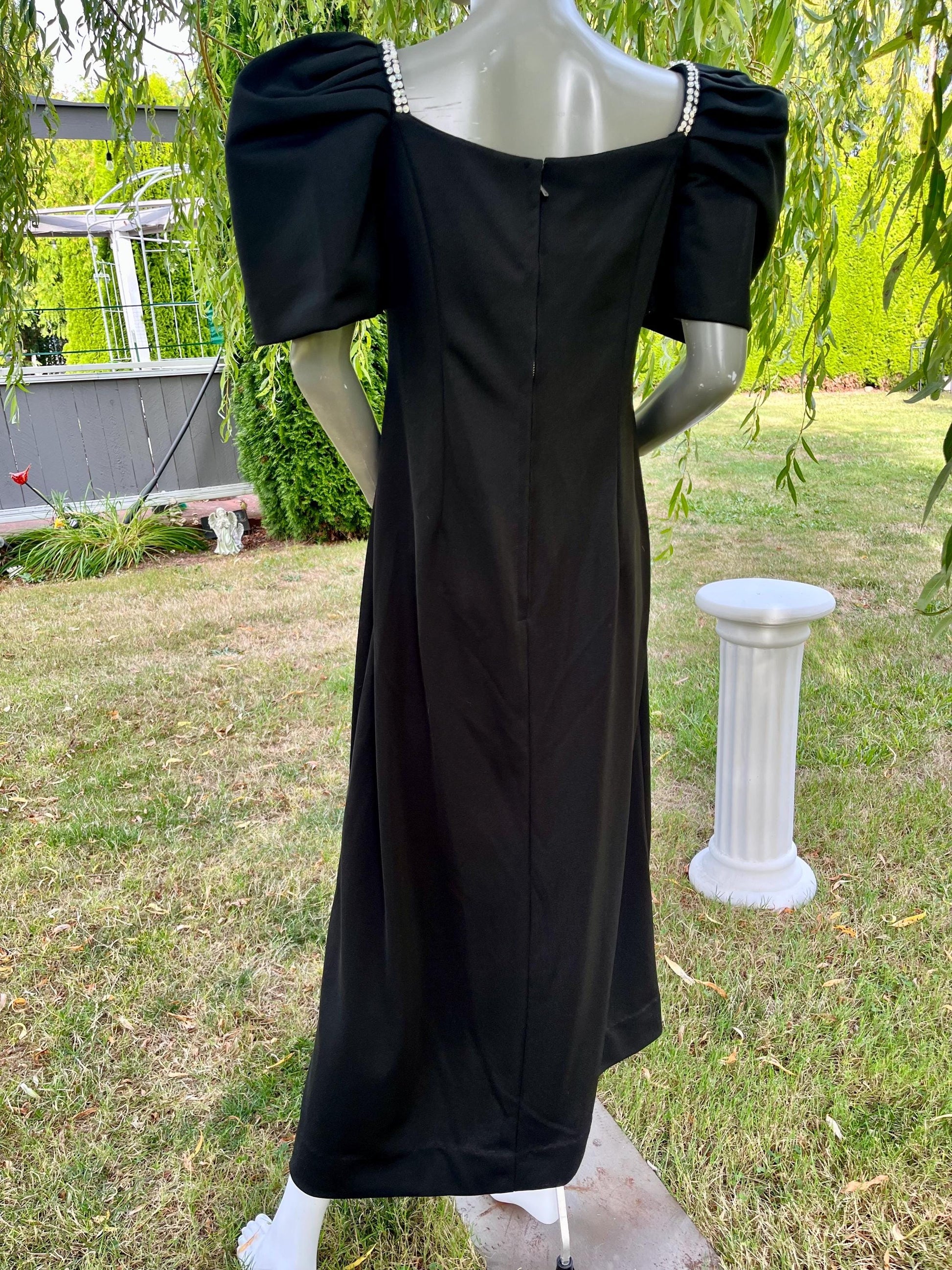 Vintage 1980s Black Puff Sleeve Gown with Beaded Sunburst