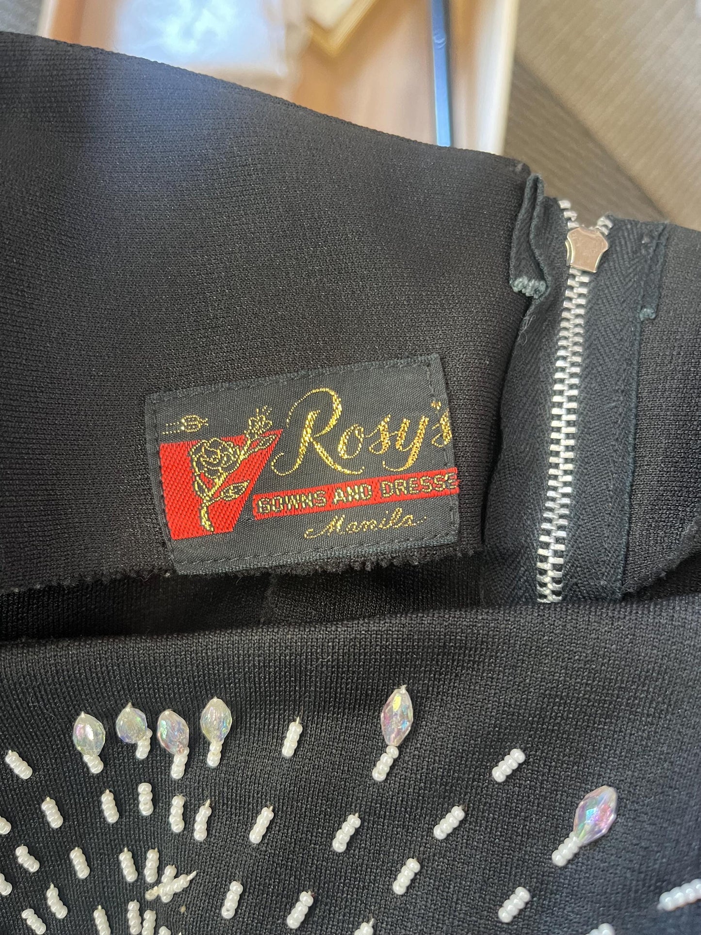 Vintage 1980s Black Puff Sleeve Gown with Beaded Sunburst