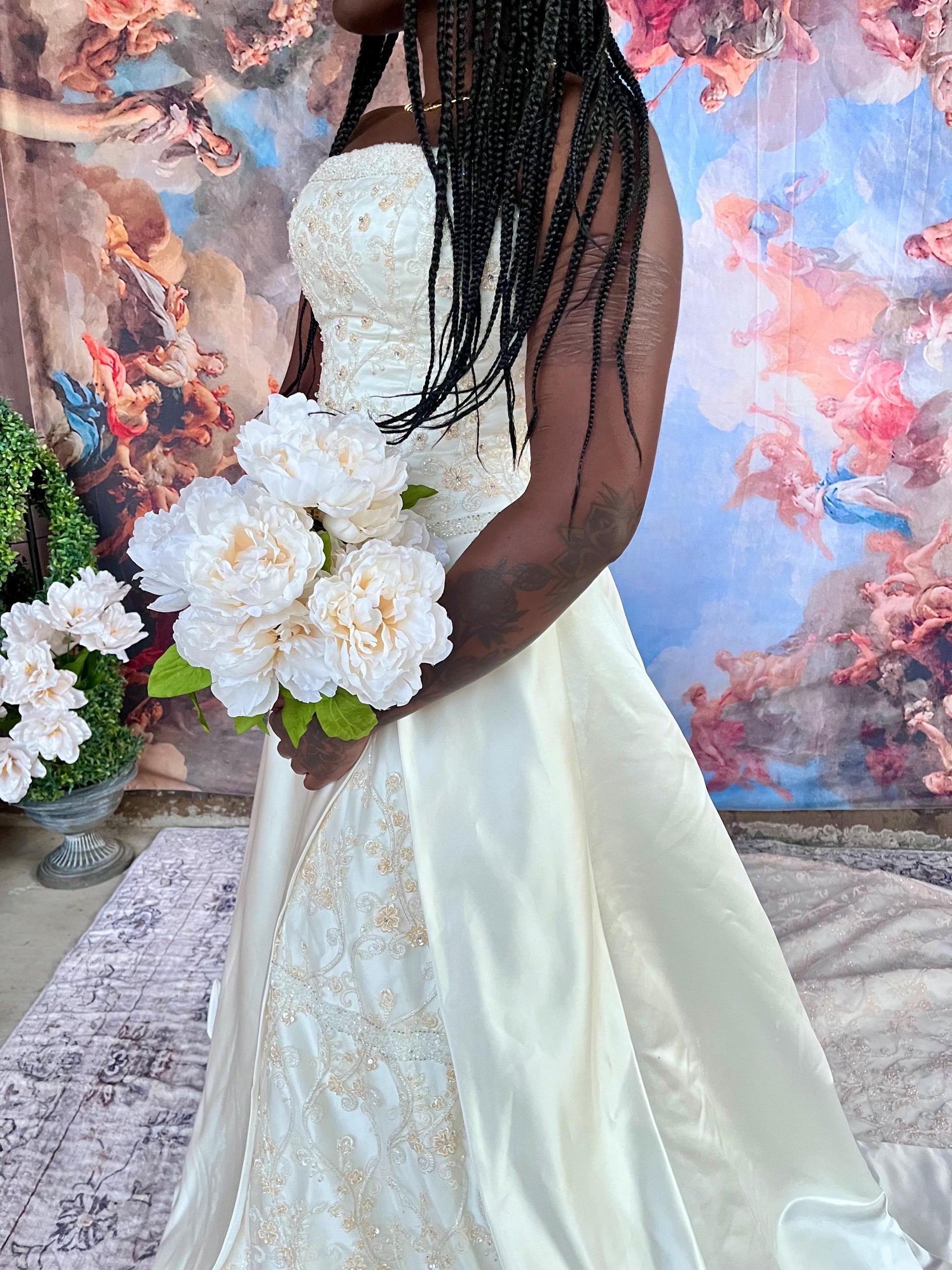 Vintage Crystal Embroidered Strapless Wedding Gown with Chapel Train