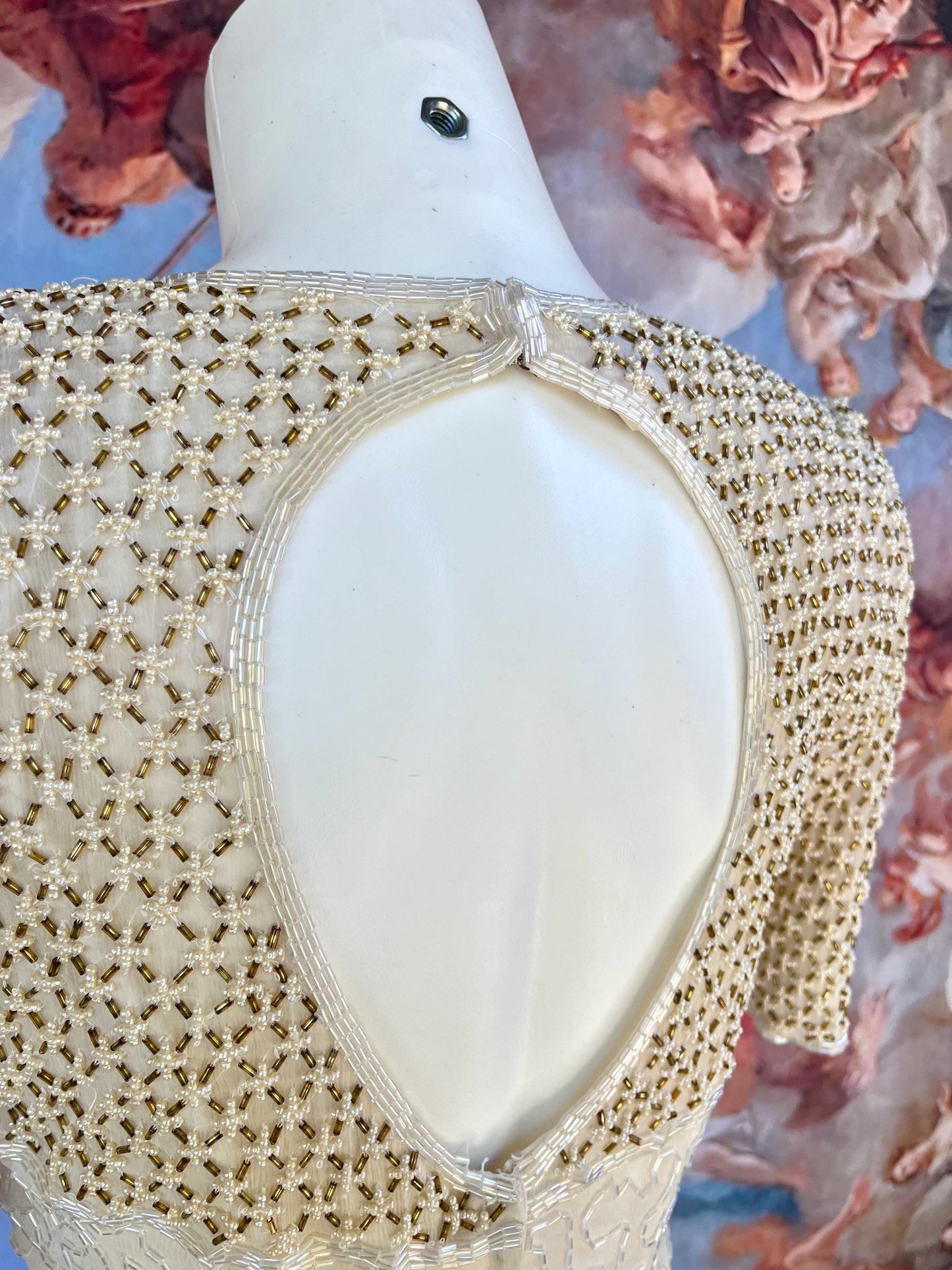 Vintage 100% Silk Hand-Beaded Gown – Champagne Gold & Pearl