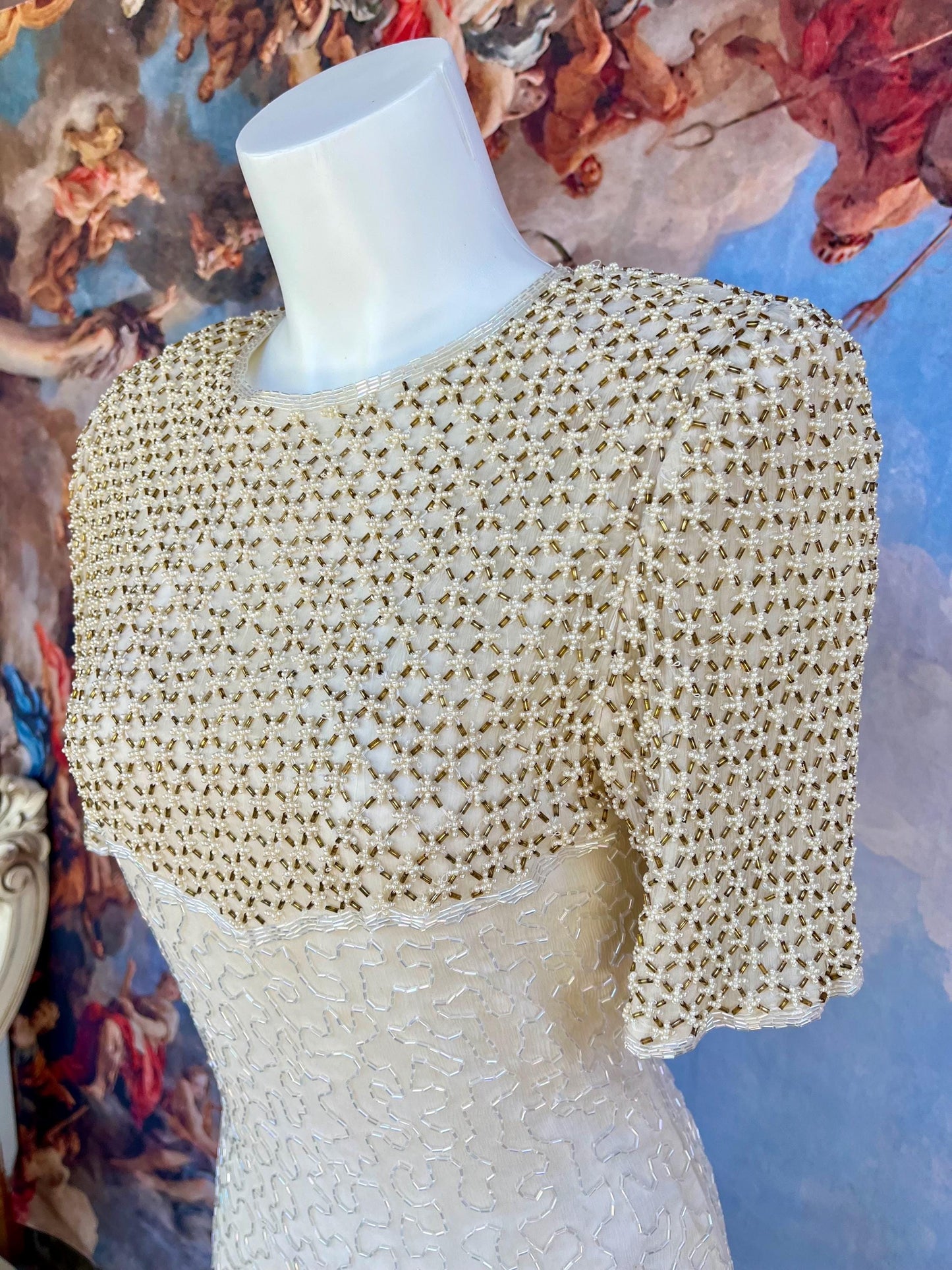 Vintage 100% Silk Hand-Beaded Gown – Champagne Gold & Pearl