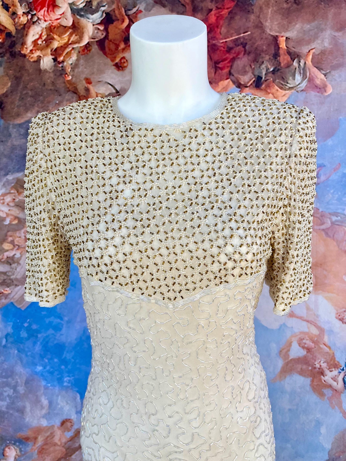 Vintage 100% Silk Hand-Beaded Gown – Champagne Gold & Pearl