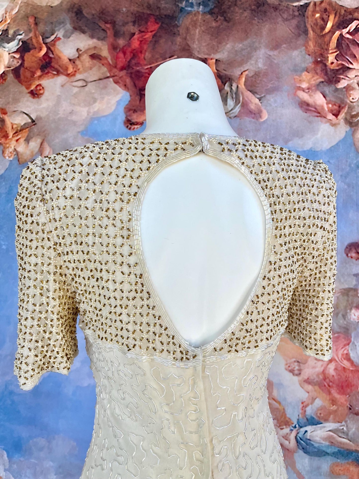 Vintage 100% Silk Hand-Beaded Gown – Champagne Gold & Pearl