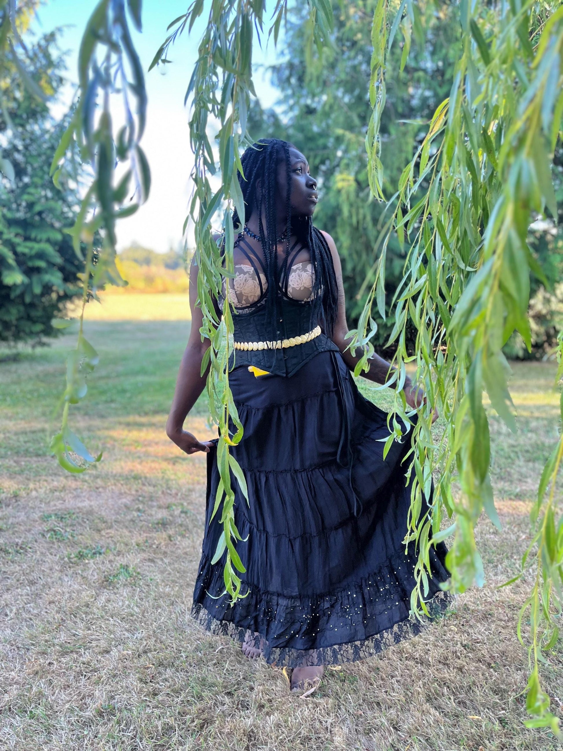 Enchanting Black Tiered Maxi Skirt With Lace and Gold Sequins