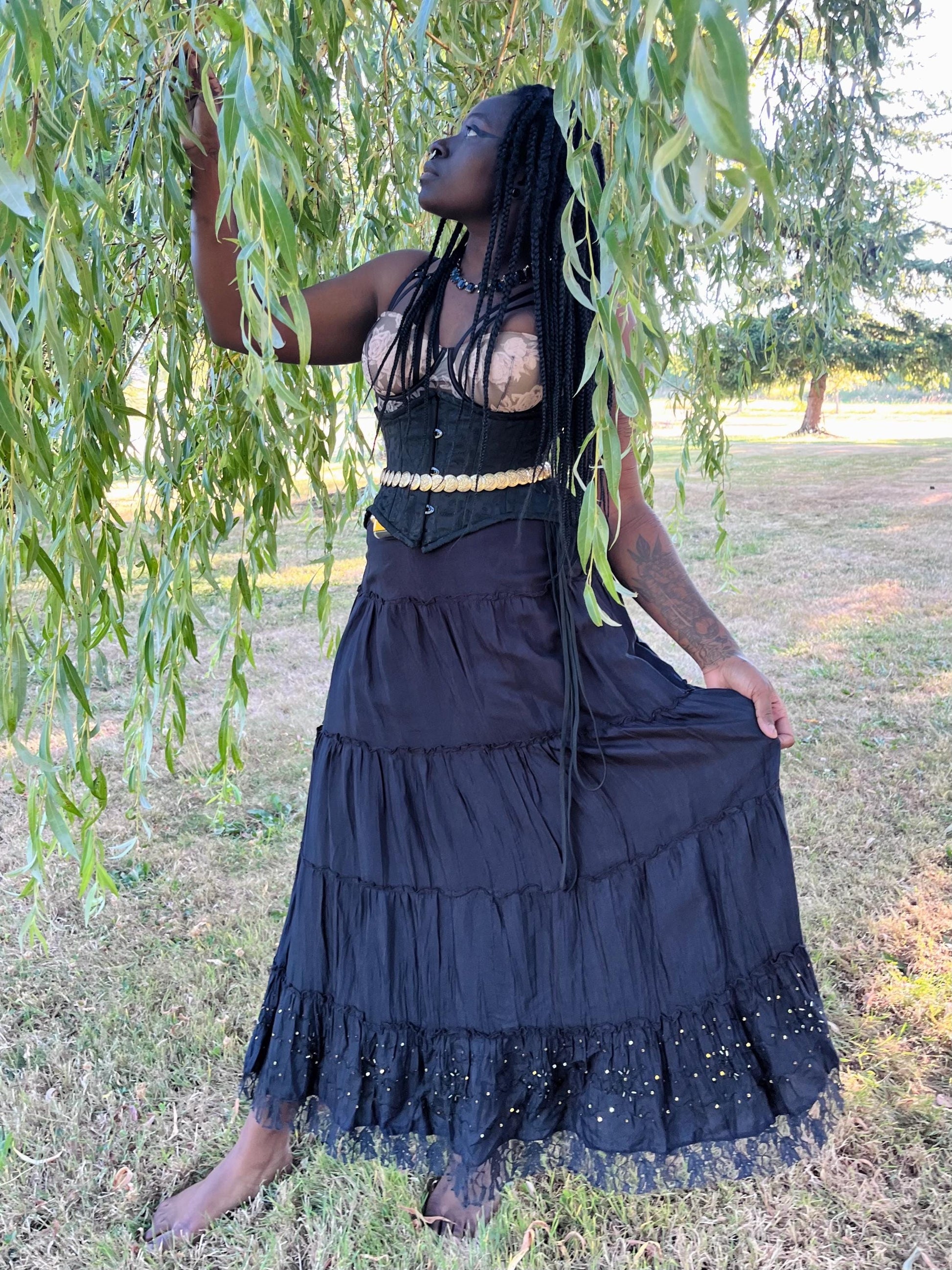 Enchanting Black Tiered Maxi Skirt With Lace and Gold Sequins