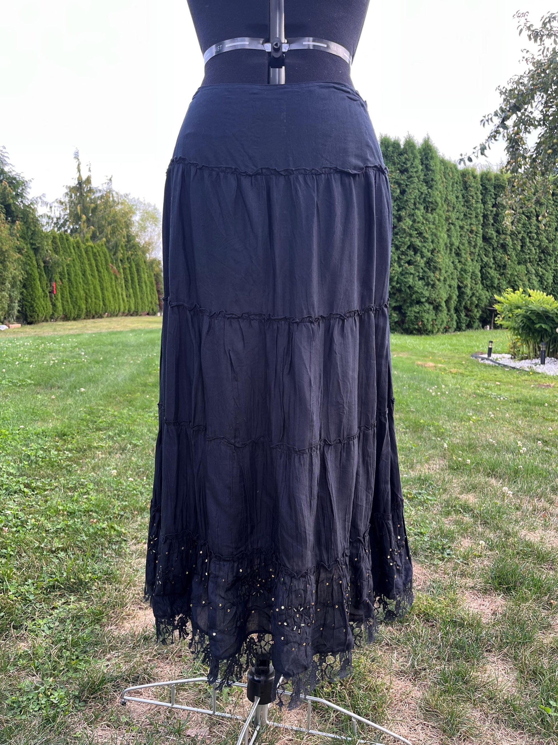 Enchanting Black Tiered Maxi Skirt With Lace and Gold Sequins