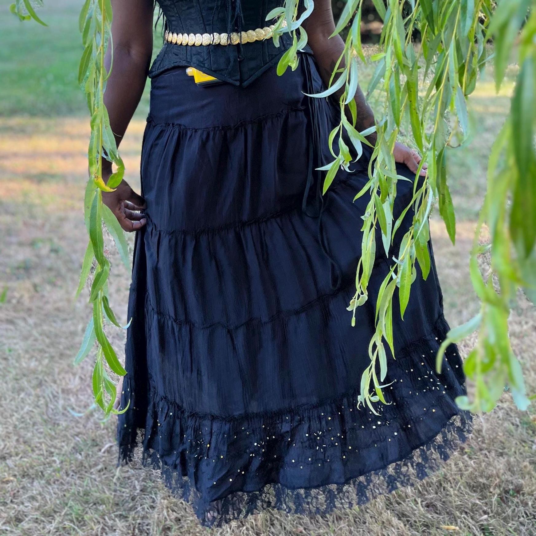 Enchanting Black Tiered Maxi Skirt With Lace and Gold Sequins