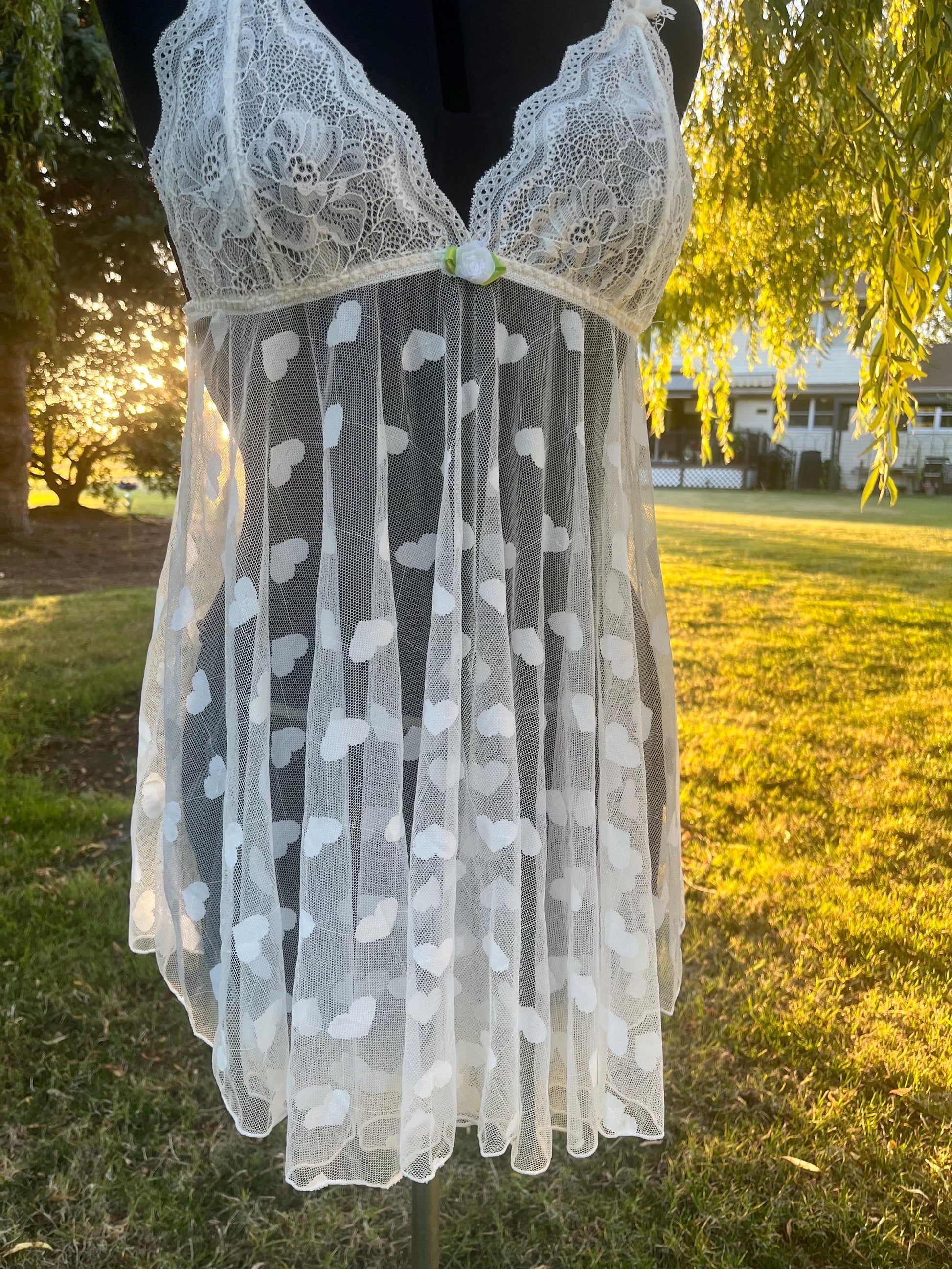 White Lace & Mesh Babydoll Lingerie With Hearts