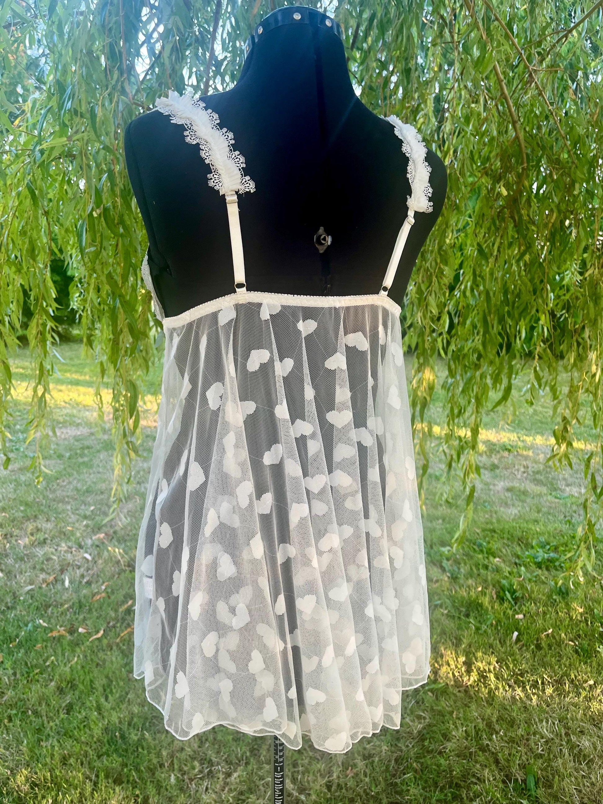 White Lace & Mesh Babydoll Lingerie With Hearts