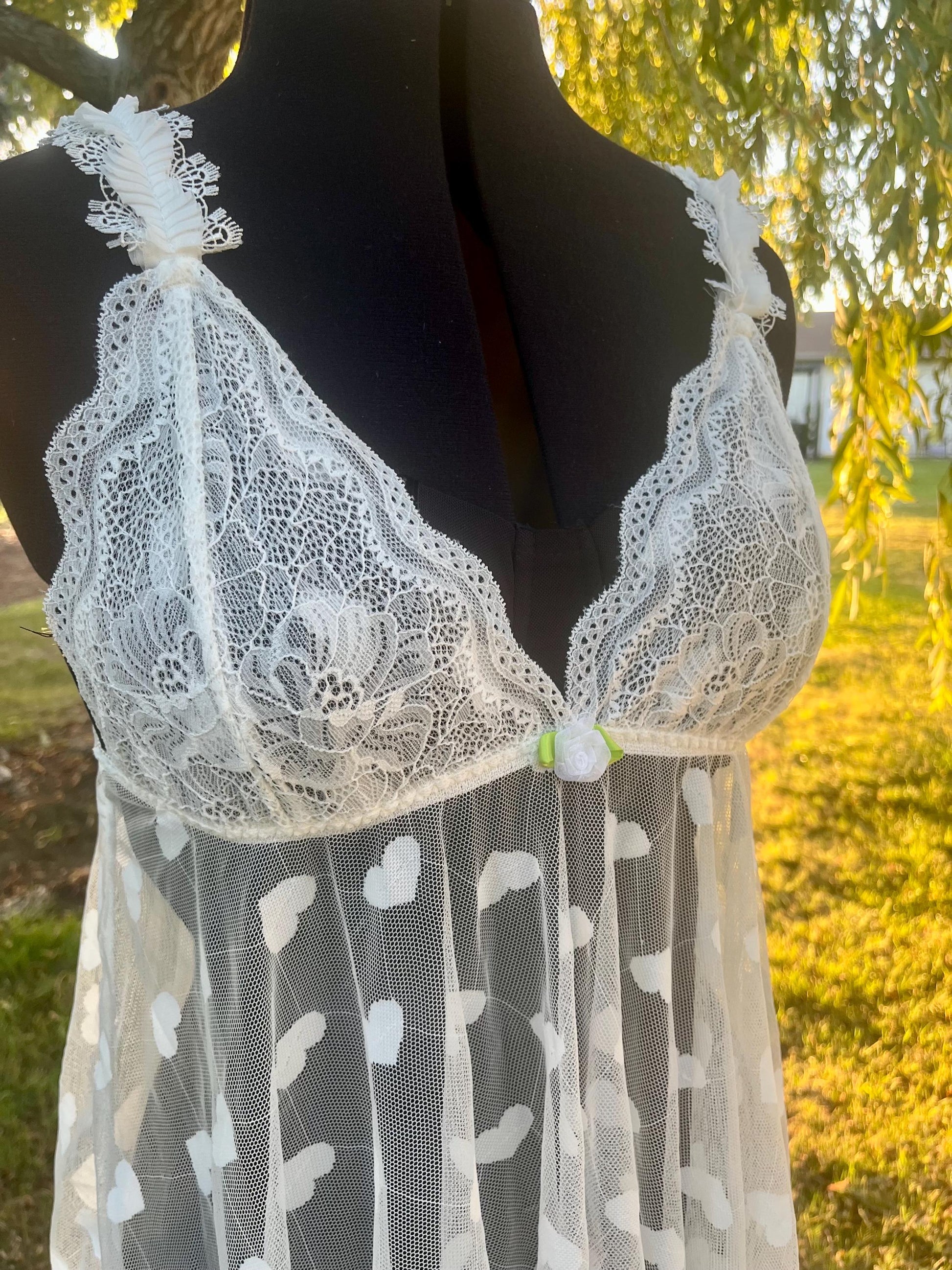 White Lace & Mesh Babydoll Lingerie With Hearts