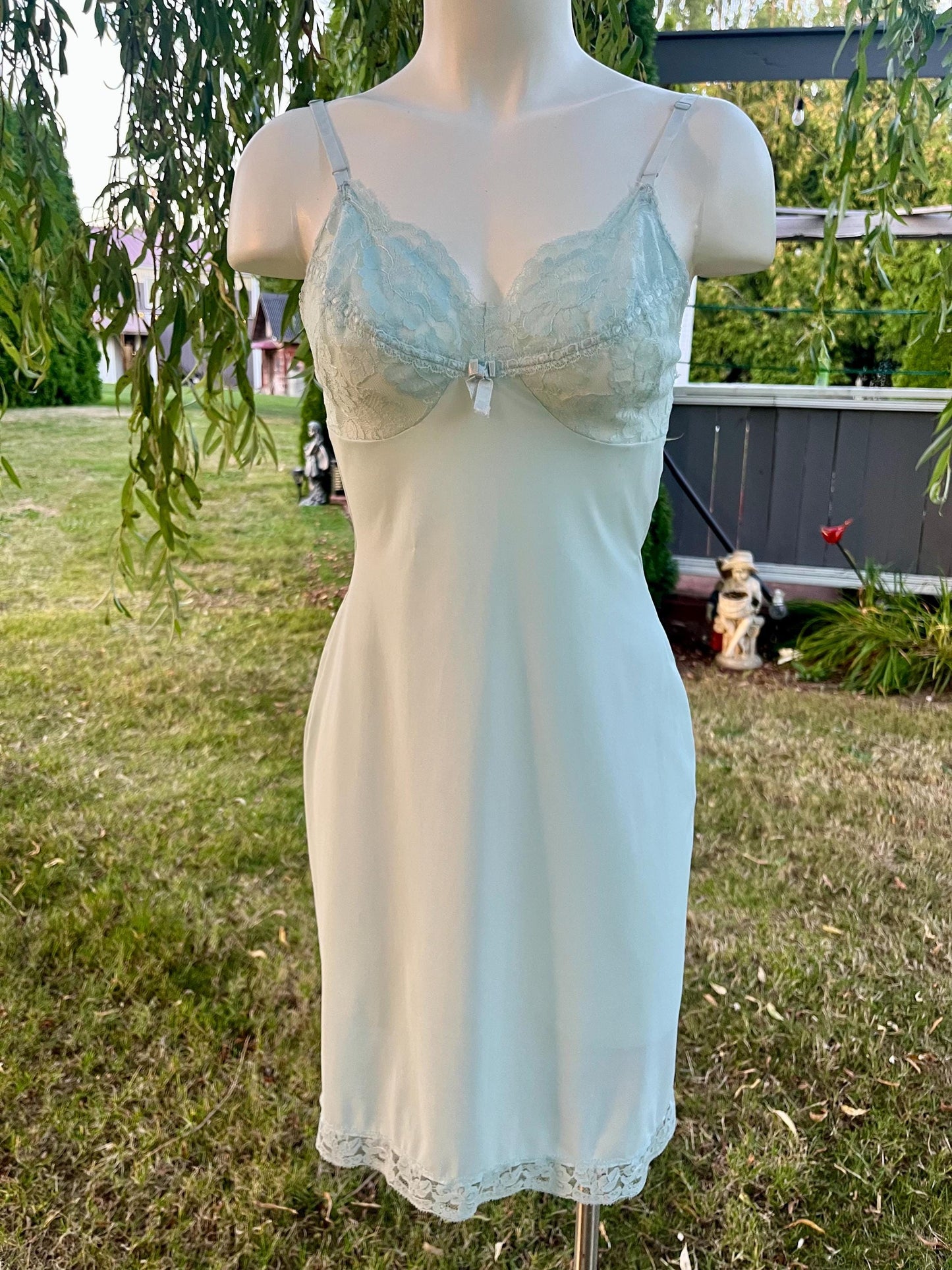 Vintage Pale Blue Lace Trim Slip Dress, Bridal Something Blue Lingerie, 90s Nightgown, Romantic Lace Trim Slip, Boudoir or Layering Dress