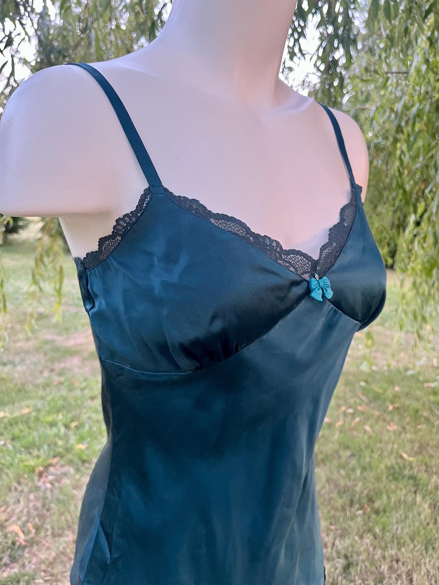 Vintage Teal Silk Slip Dress – Customized Bow Charm, Romantic Nightwear, Boudoir or Layering Slip