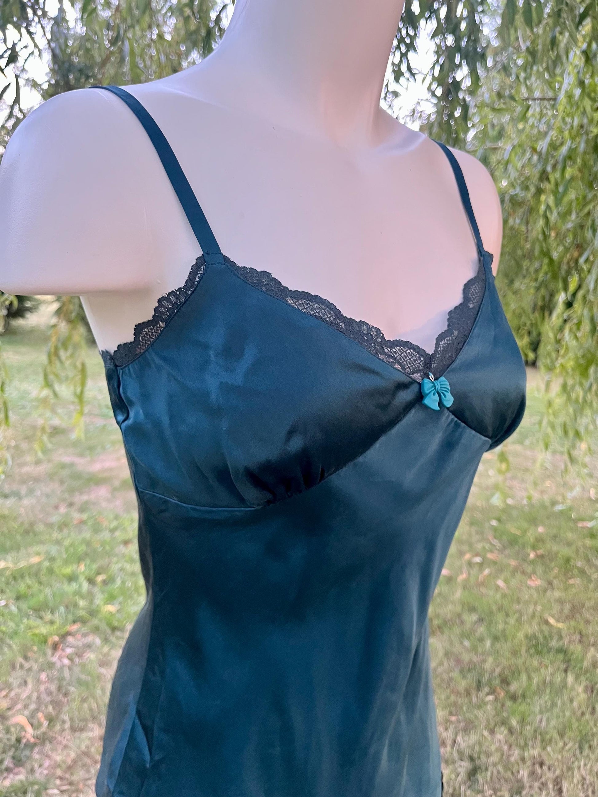 Vintage Teal Silk Slip Dress – Customized Bow Charm, Romantic Nightwear, Boudoir or Layering Slip