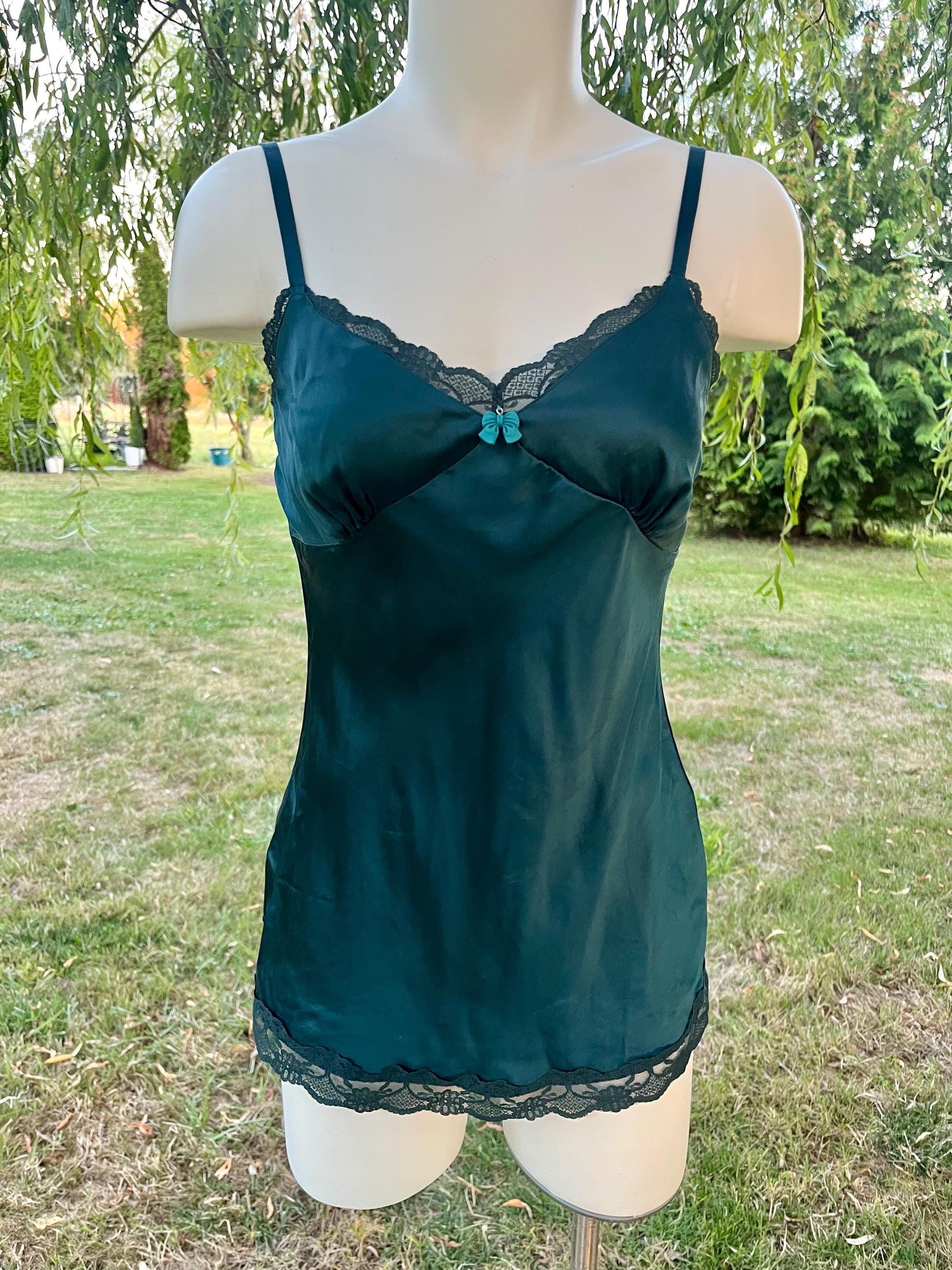 Vintage Teal Silk Slip Dress – Customized Bow Charm, Romantic Nightwear, Boudoir or Layering Slip
