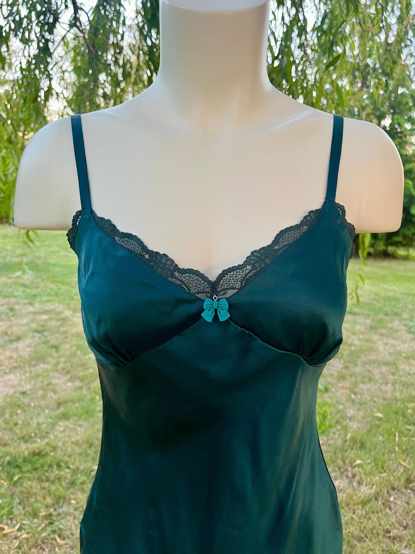 Vintage Teal Silk Slip Dress – Customized Bow Charm, Romantic Nightwear, Boudoir or Layering Slip