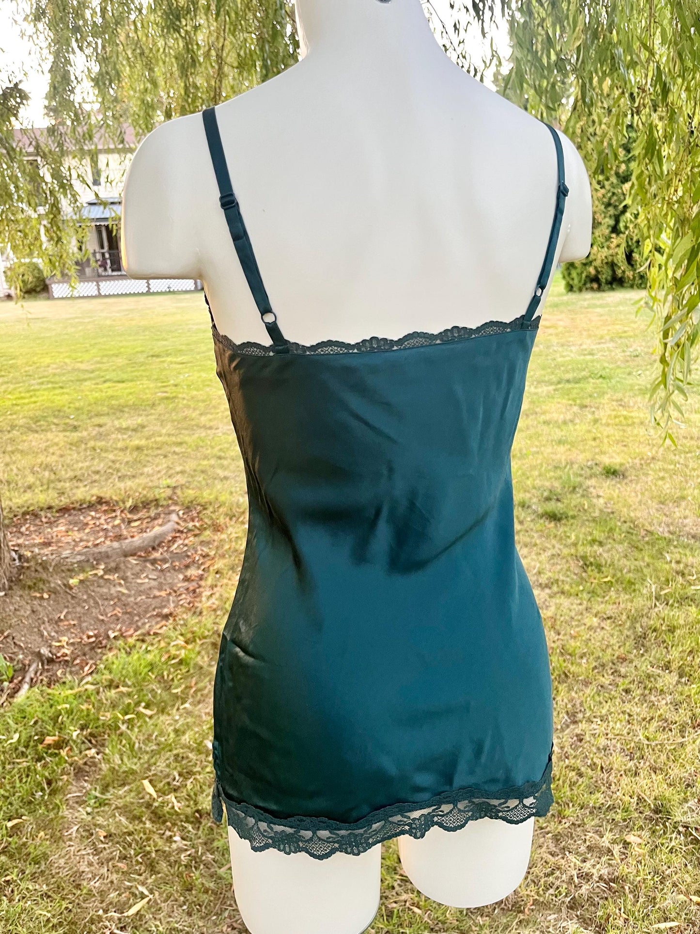 Vintage Teal Silk Slip Dress – Customized Bow Charm, Romantic Nightwear, Boudoir or Layering Slip