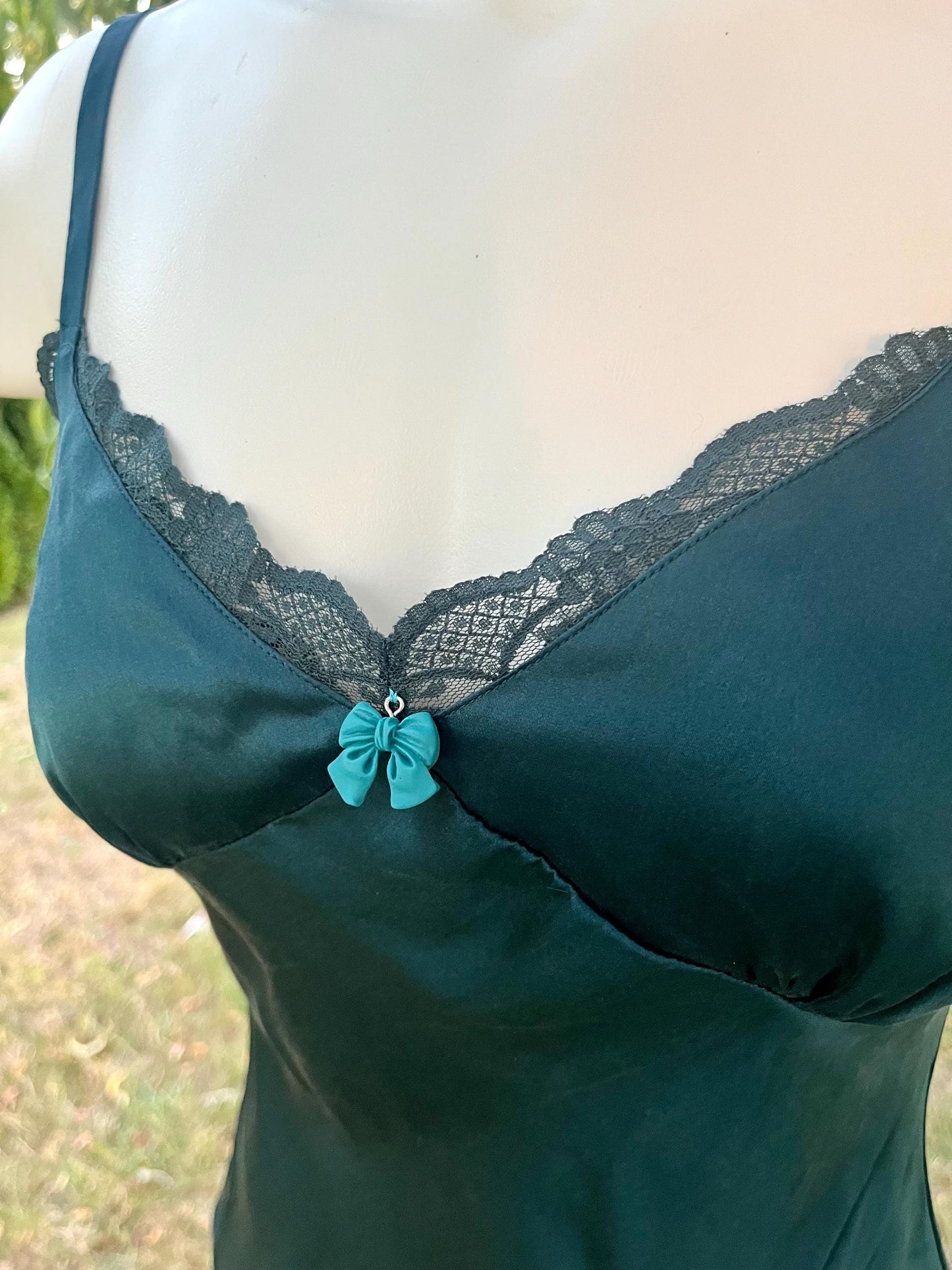 Vintage Teal Silk Slip Dress – Customized Bow Charm, Romantic Nightwear, Boudoir or Layering Slip