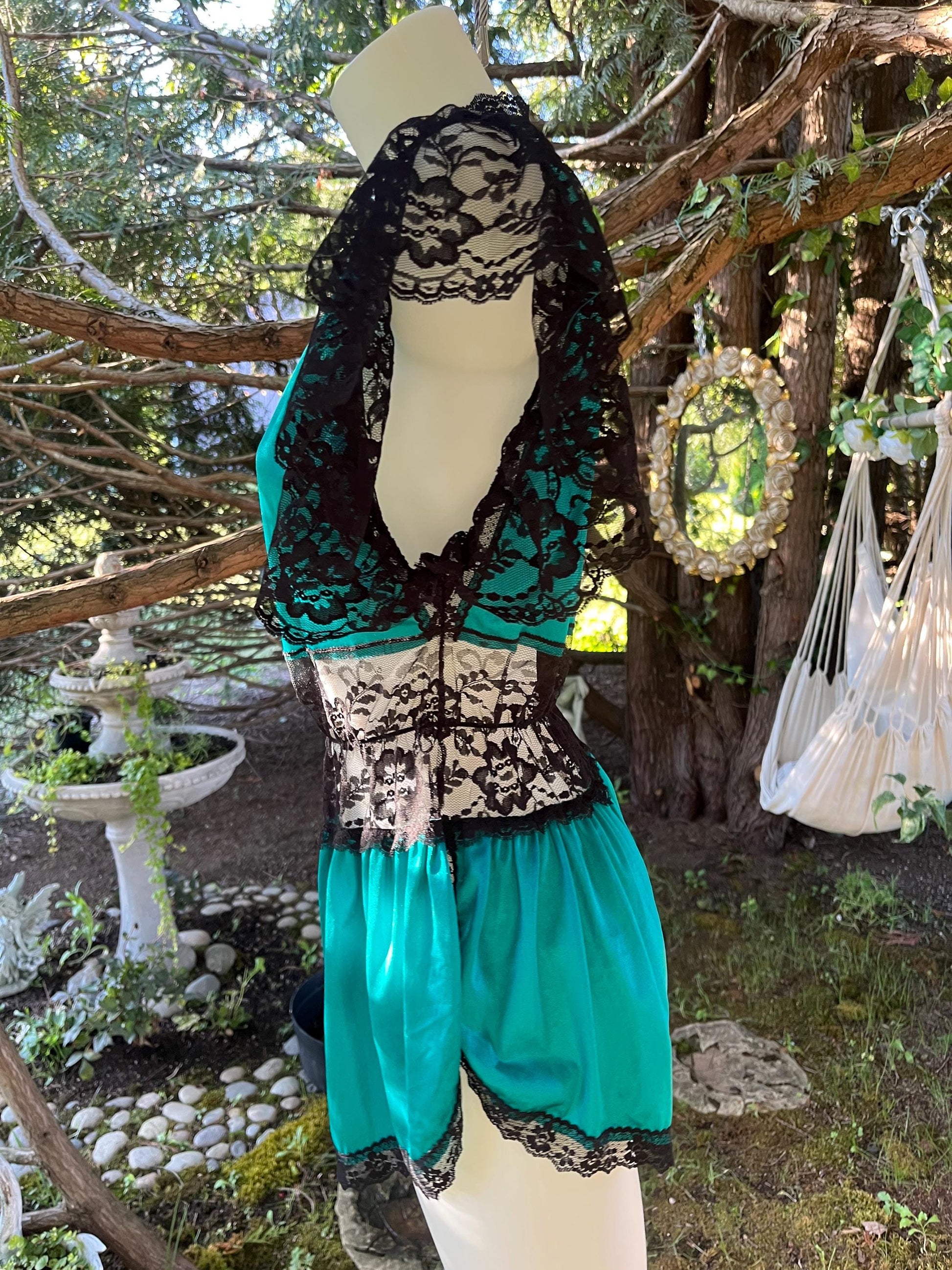 Vintage Teal & Black Lace Romper – Sheer Lingerie Teddy, 80s Boudoir Sleepwear, Dramatic Lace Sleeve One-Piece