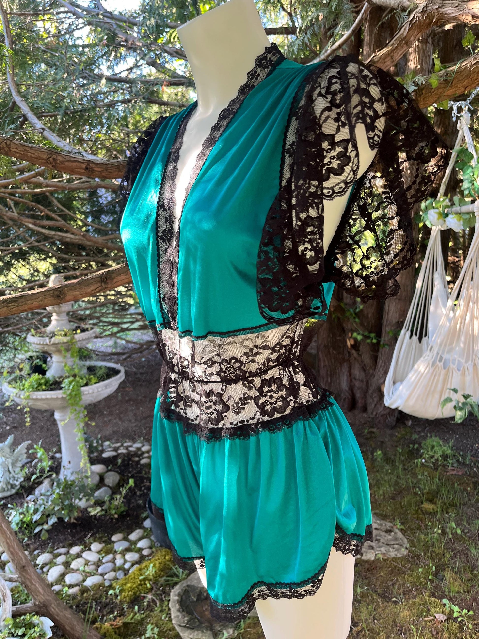 Vintage Teal & Black Lace Romper – Sheer Lingerie Teddy, 80s Boudoir Sleepwear, Dramatic Lace Sleeve One-Piece