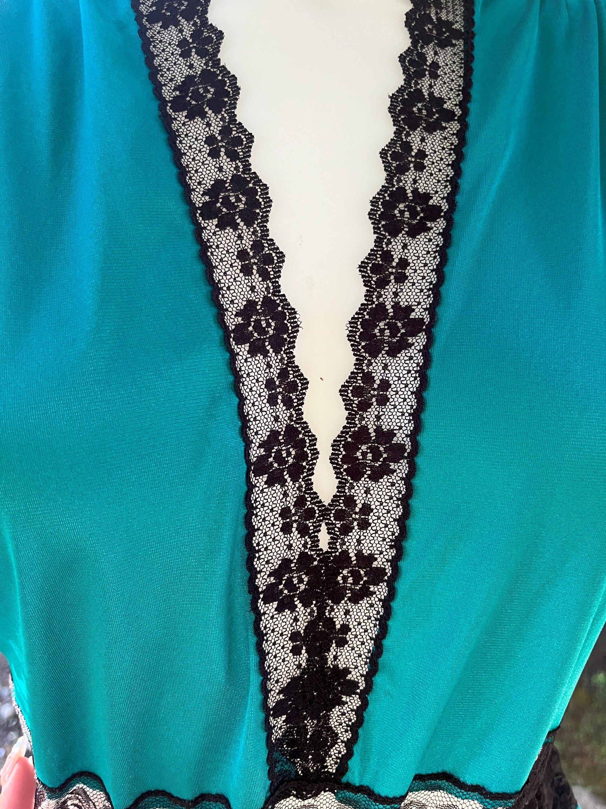 Vintage Teal & Black Lace Romper – Sheer Lingerie Teddy, 80s Boudoir Sleepwear, Dramatic Lace Sleeve One-Piece