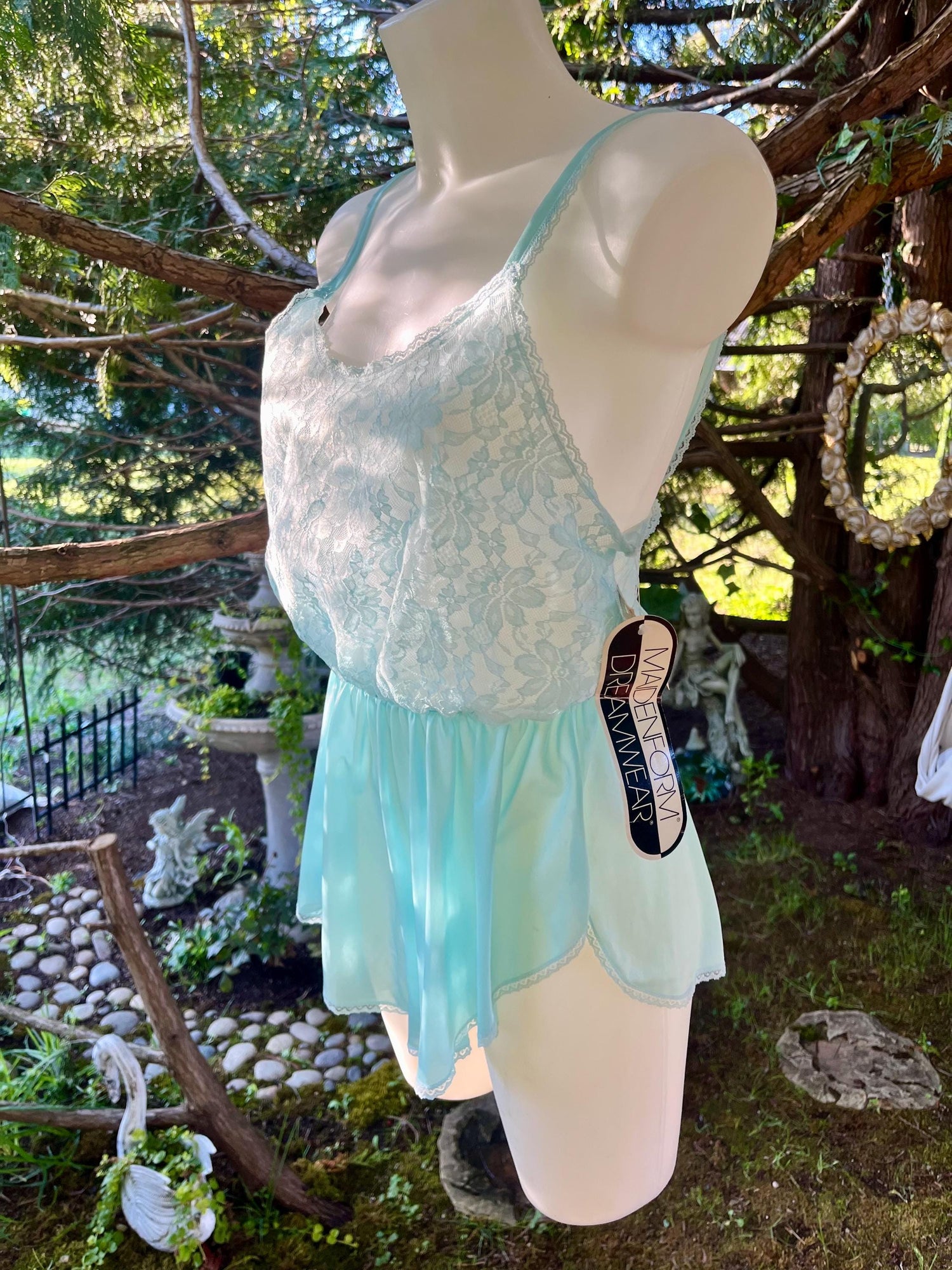 Vintage Aqua Blue Lace Romper – Satin Lingerie Teddy, 90s Sleepwear, Madeform Dreamwear One-Piece, Fairycore Boudoir Outfit