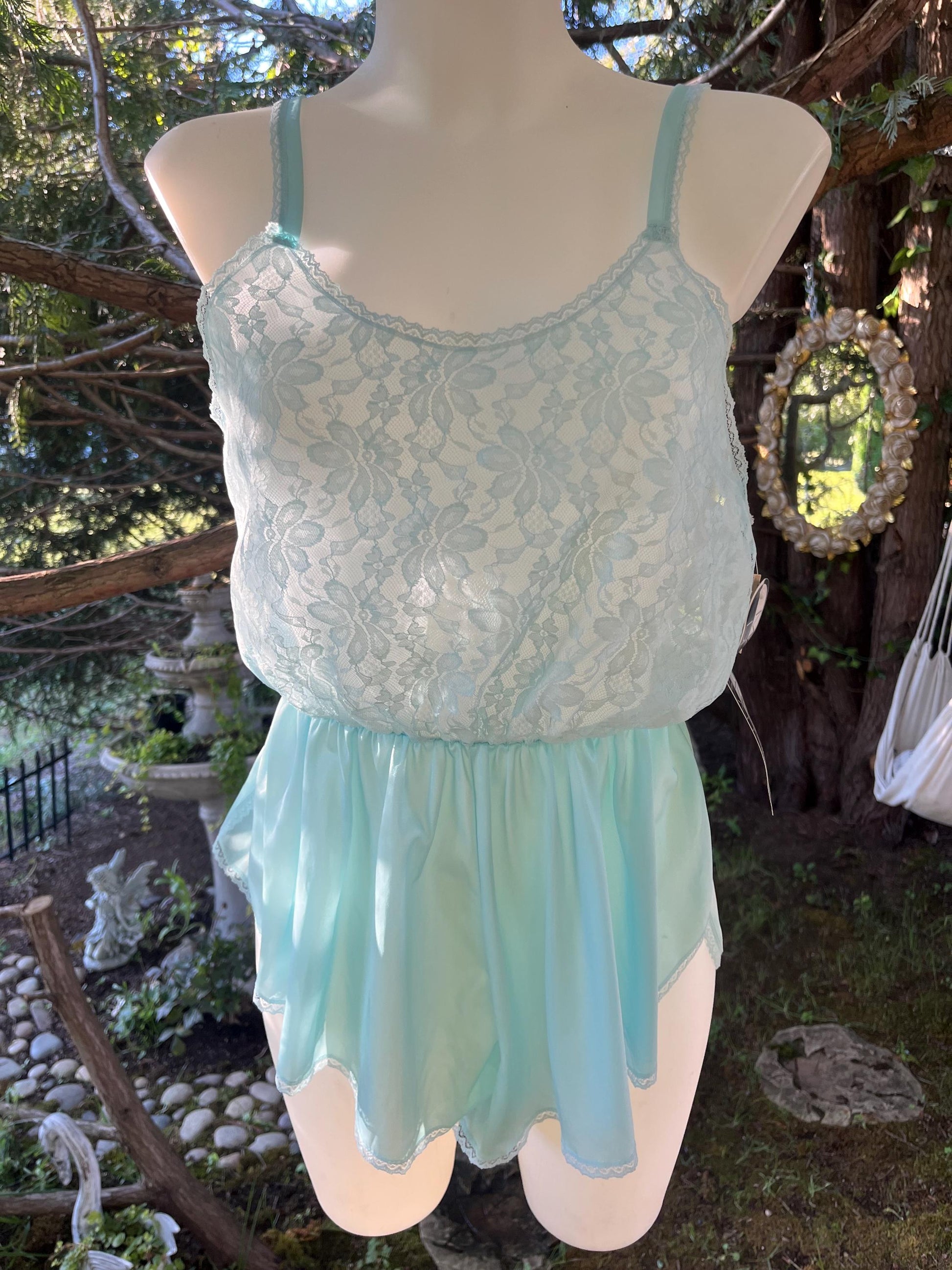 Vintage Aqua Blue Lace Romper – Satin Lingerie Teddy, 90s Sleepwear, Madeform Dreamwear One-Piece, Fairycore Boudoir Outfit