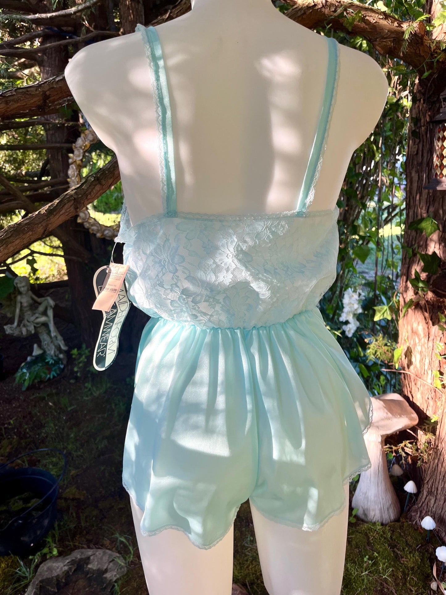 Vintage Aqua Blue Lace Romper – Satin Lingerie Teddy, 90s Sleepwear, Madeform Dreamwear One-Piece, Fairycore Boudoir Outfit