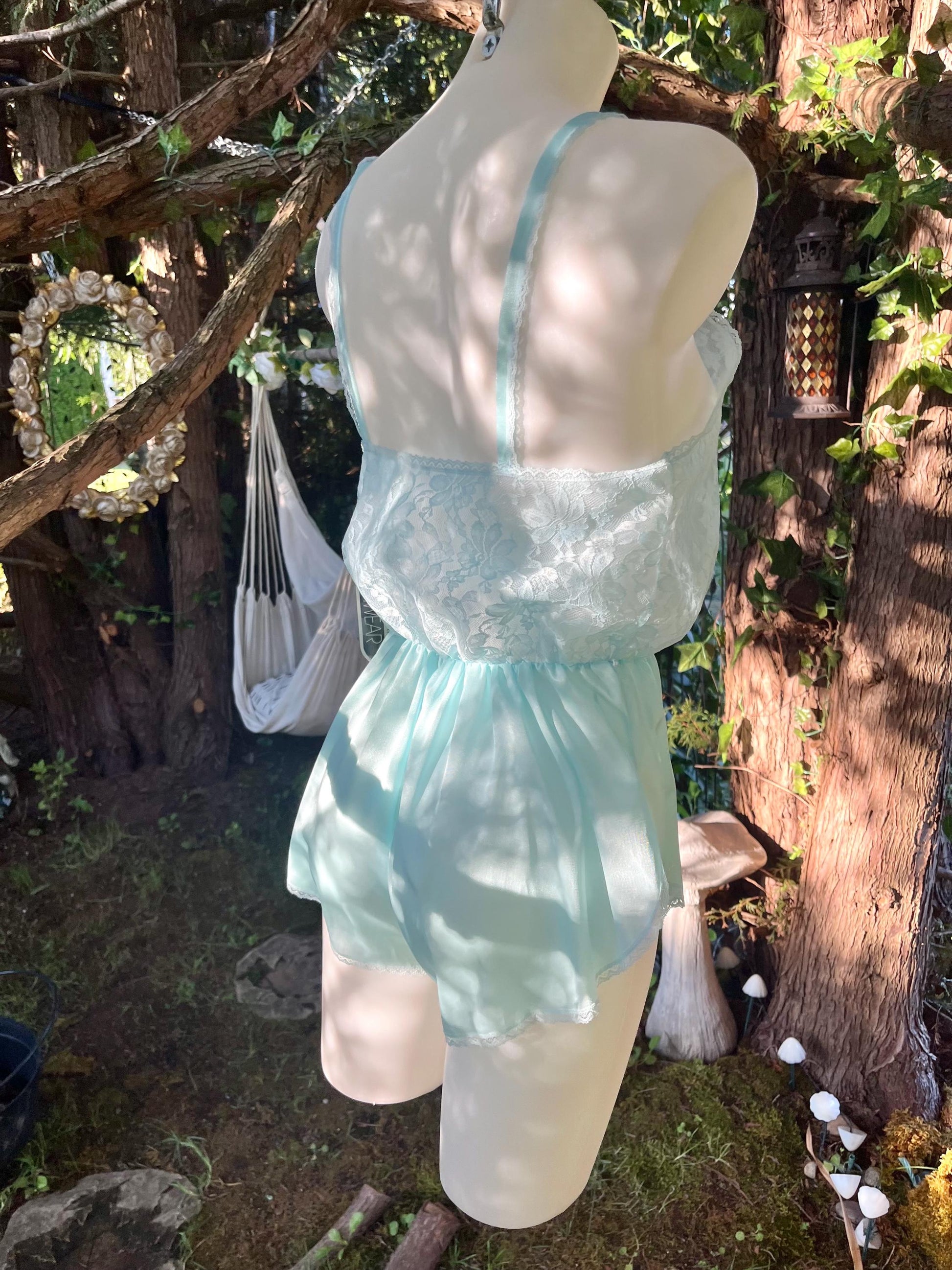 Vintage Aqua Blue Lace Romper – Satin Lingerie Teddy, 90s Sleepwear, Madeform Dreamwear One-Piece, Fairycore Boudoir Outfit