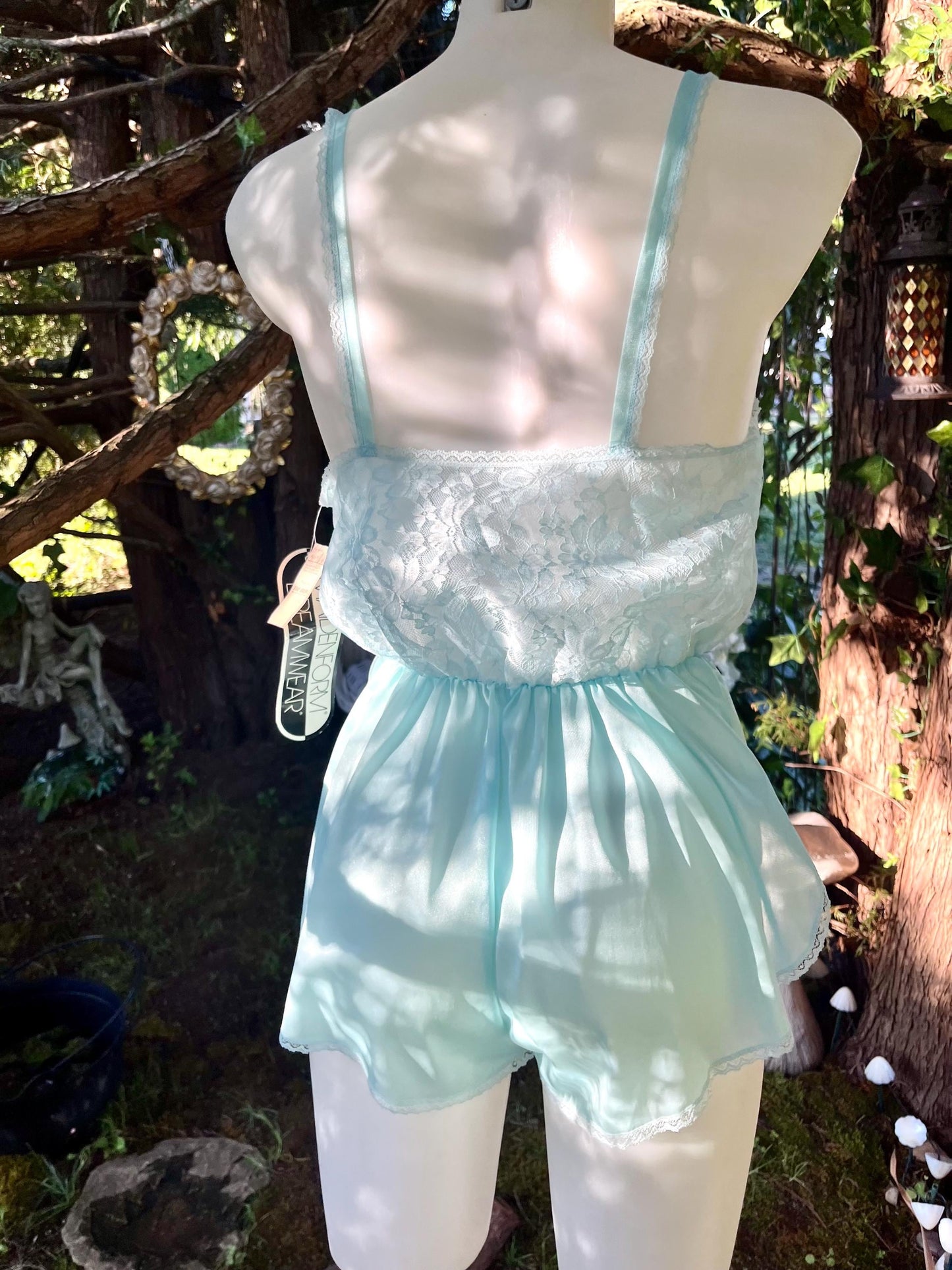 Vintage Aqua Blue Lace Romper – Satin Lingerie Teddy, 90s Sleepwear, Madeform Dreamwear One-Piece, Fairycore Boudoir Outfit
