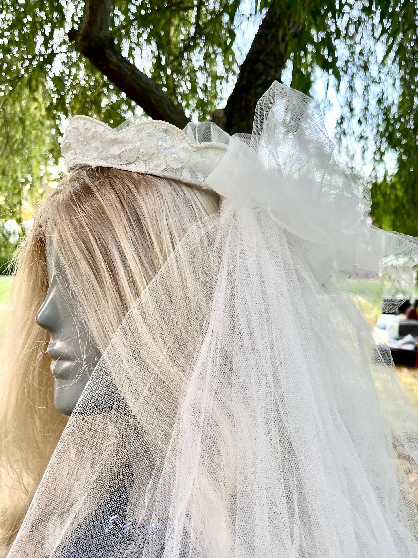 Lace Crown With Pearls and Long Veil