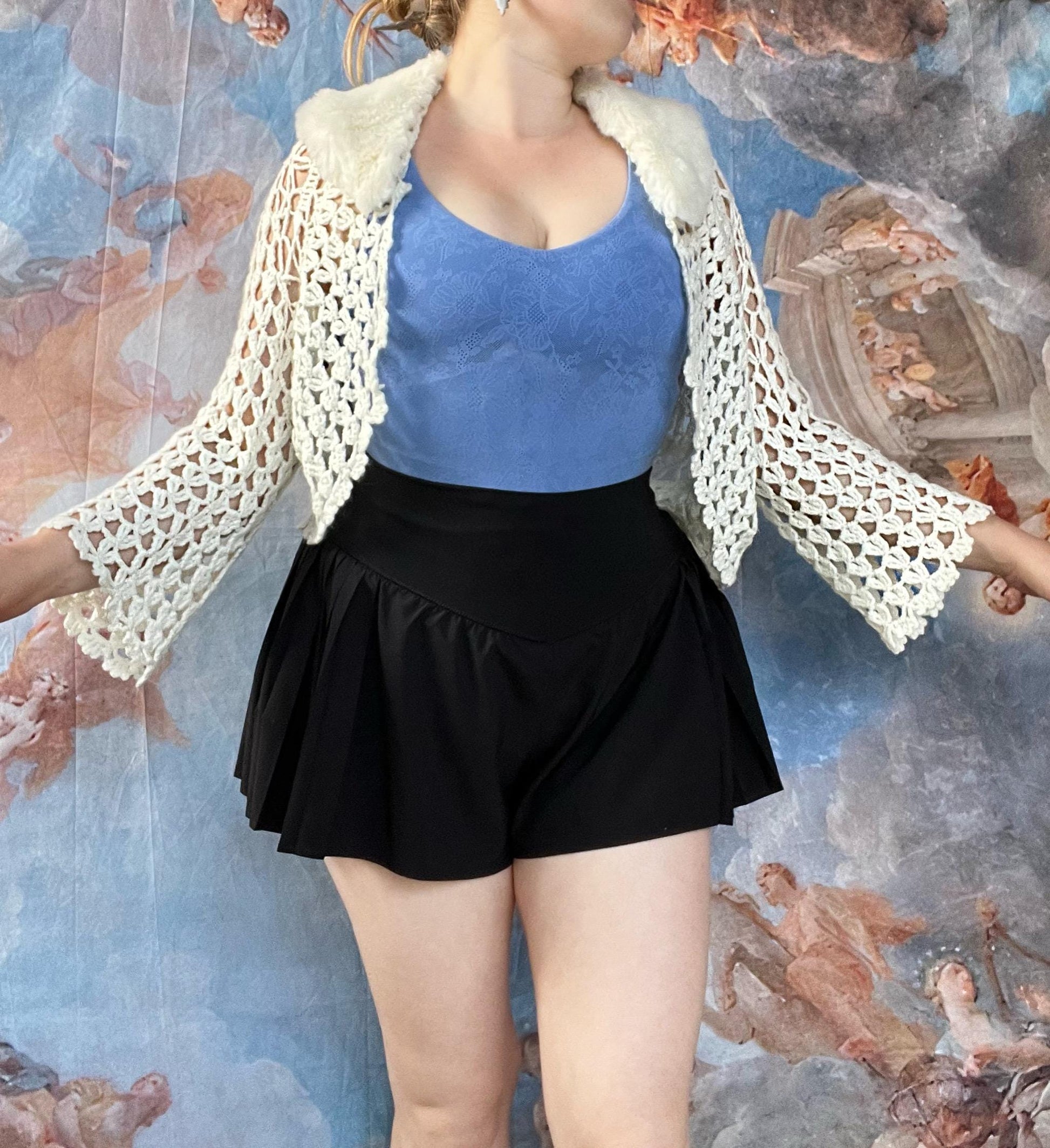 Crochet Ivory Boho Bolero Shrug with Faux Fur Collar