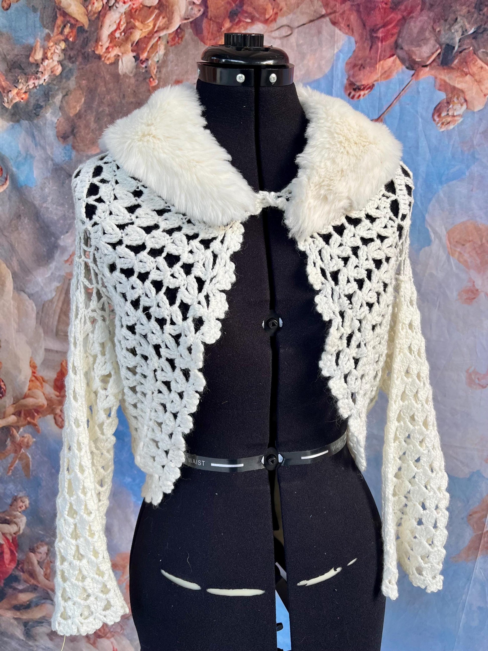 Crochet Ivory Boho Bolero Shrug with Faux Fur Collar