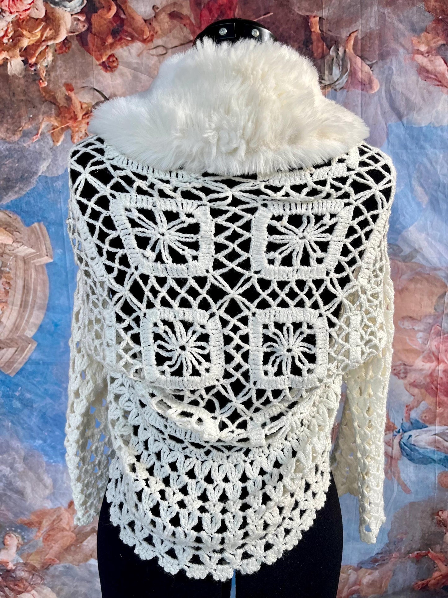 Crochet Ivory Boho Bolero Shrug with Faux Fur Collar