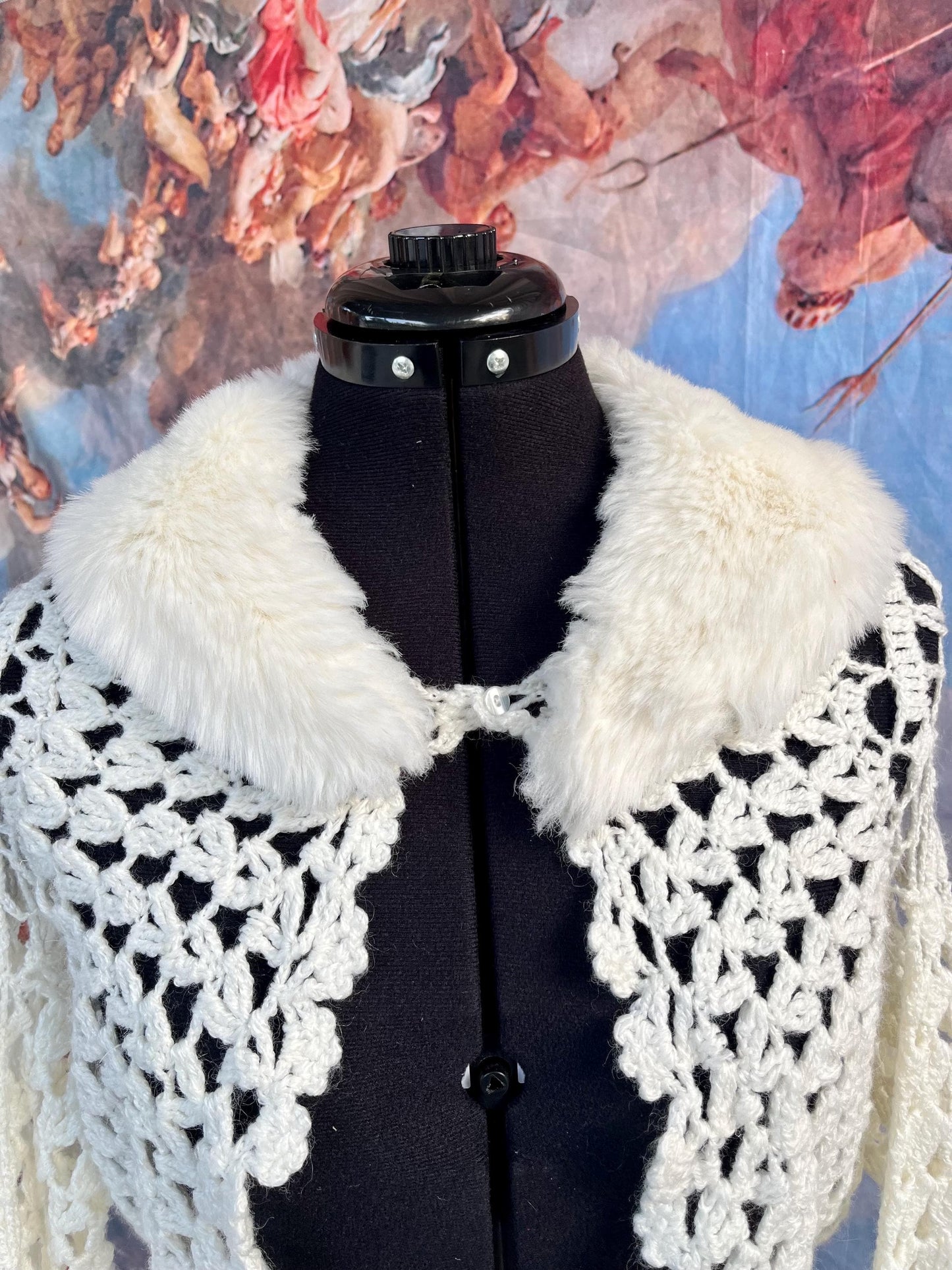 Crochet Ivory Boho Bolero Shrug with Faux Fur Collar