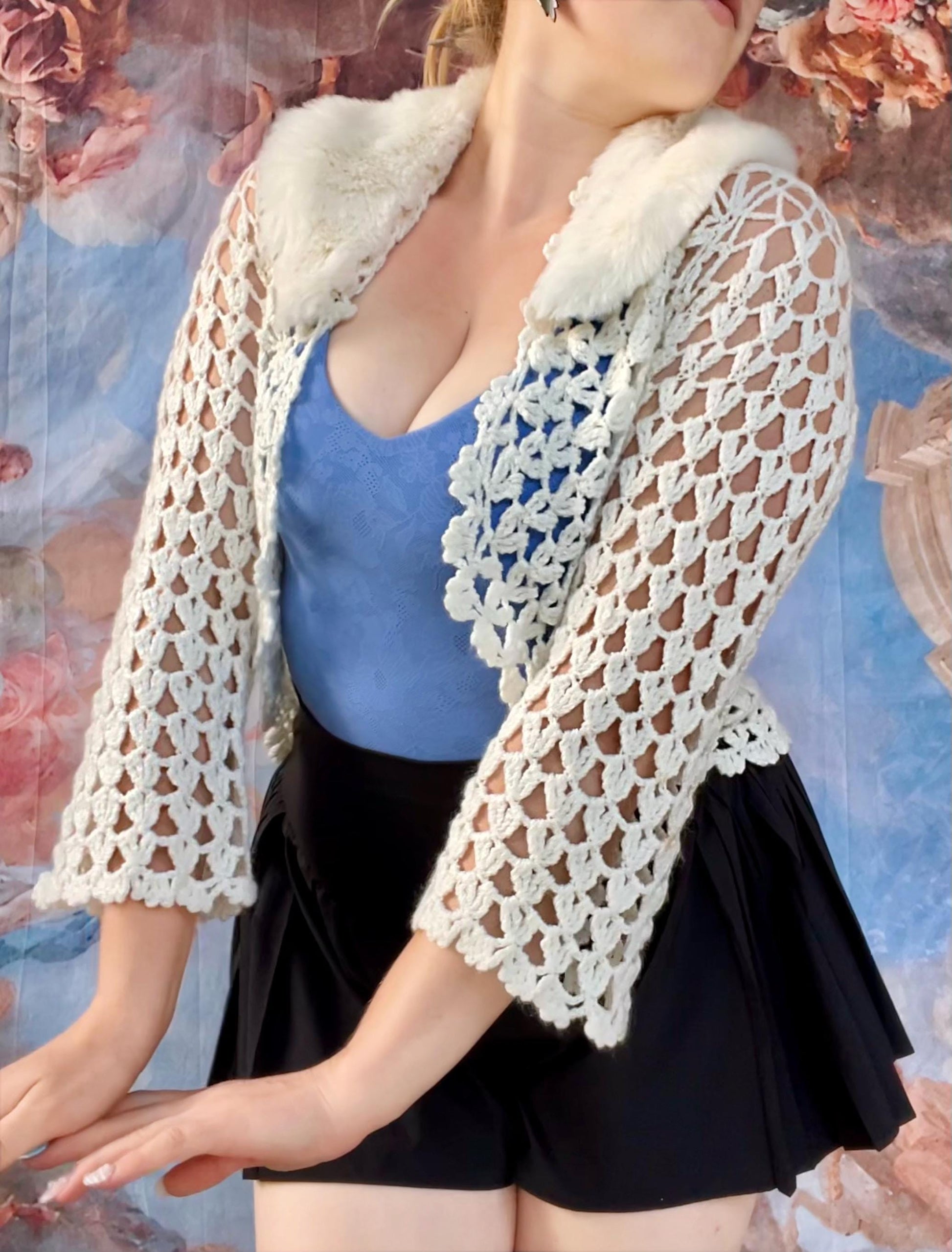 Crochet Ivory Boho Bolero Shrug with Faux Fur Collar