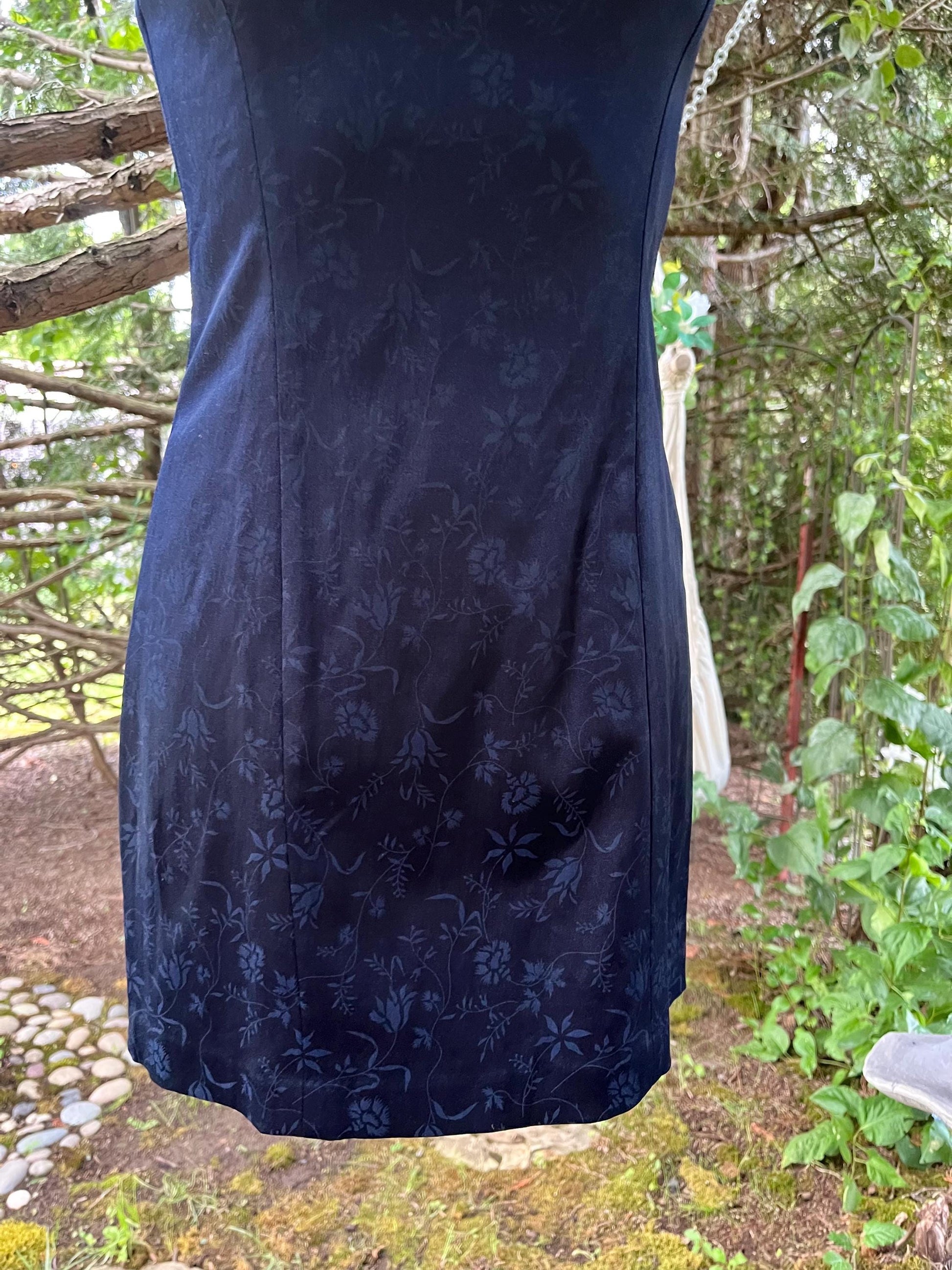 Vintage Navy Floral Brocade Mini Dress – Square Neck 90s Cocktail Dress