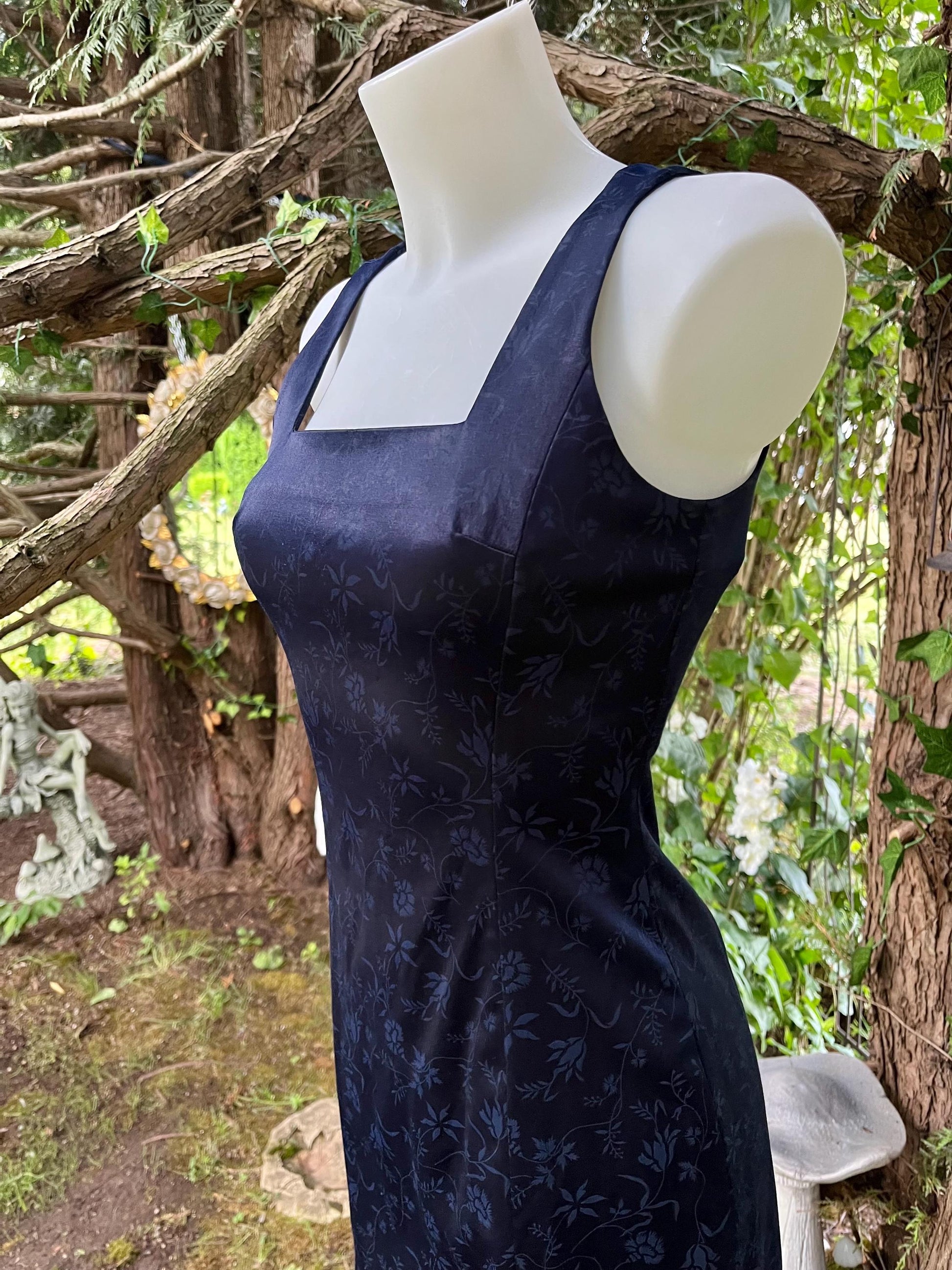 Vintage Navy Floral Brocade Mini Dress – Square Neck 90s Cocktail Dress