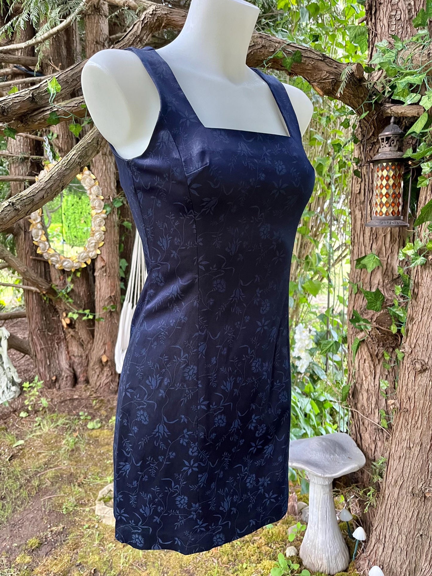 Vintage Navy Floral Brocade Mini Dress – Square Neck 90s Cocktail Dress