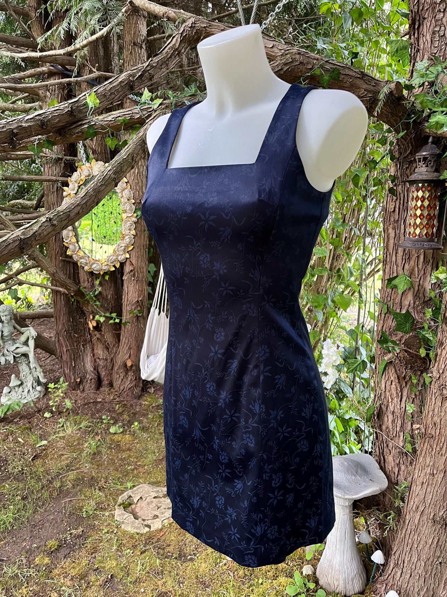 Vintage Navy Floral Brocade Mini Dress – Square Neck 90s Cocktail Dress