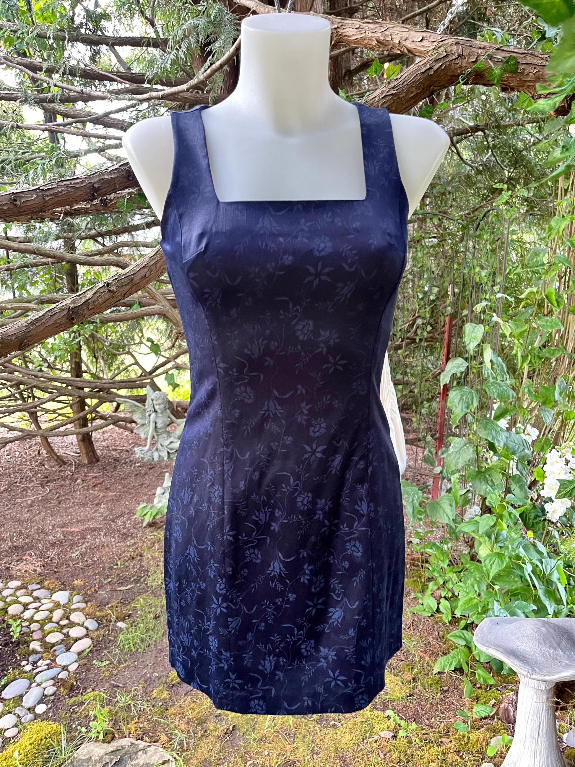 Vintage Navy Floral Brocade Mini Dress – Square Neck 90s Cocktail Dress